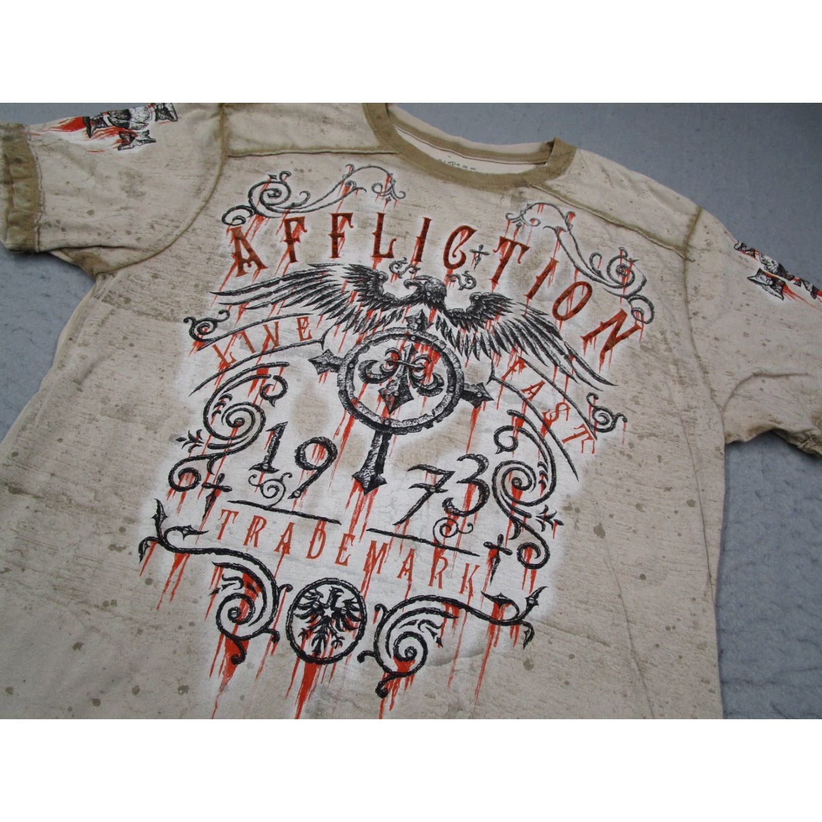 Affliction Affliction Shirt Mens Large Beige Short Sleeve Crew Neck 1973 AOP Made in USA Size US L / EU 52-54 / 3 - 2 Thumbnail