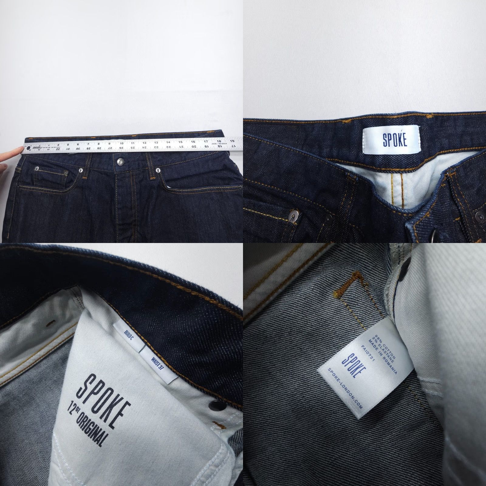 Denime SPoke London Jeans Men Jeans 37x33 Dark Blue Regular Straight Denim Stretch 90s London Theme Mens Size US 37 - 8 Thumbnail
