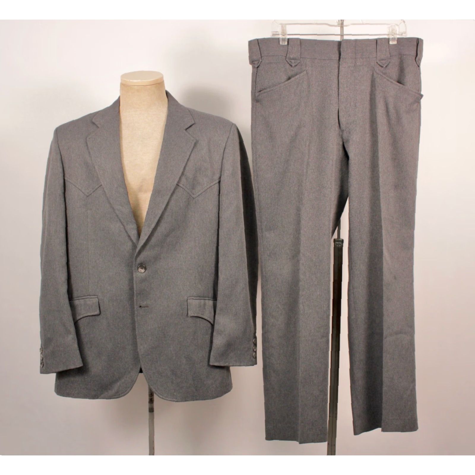 Vintage VINTAGE Circle S Mens Western Leisure Suit 2 PC Grey 1970s 70s 2 PC Sz M Polyester Mens Western Suit Size 40R - 2 Thumbnail