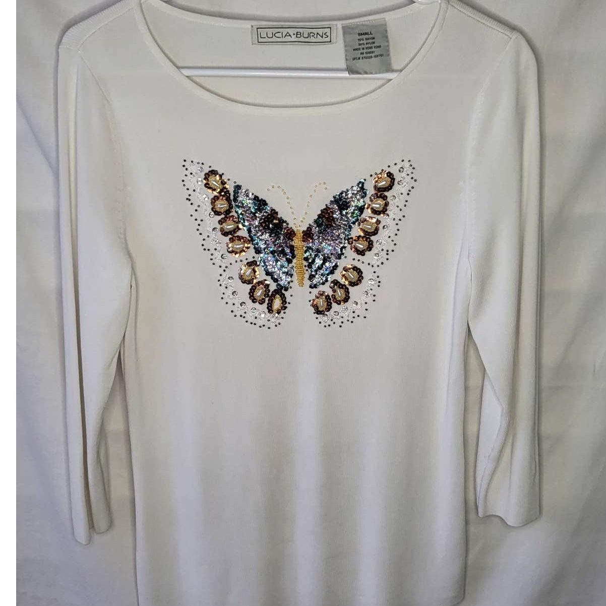 Vintage 90s/Y2K Off White Beaded Butterfly Top 3/4 Sleeves Sequins Size S / US 4 / IT 40 - 11 Thumbnail