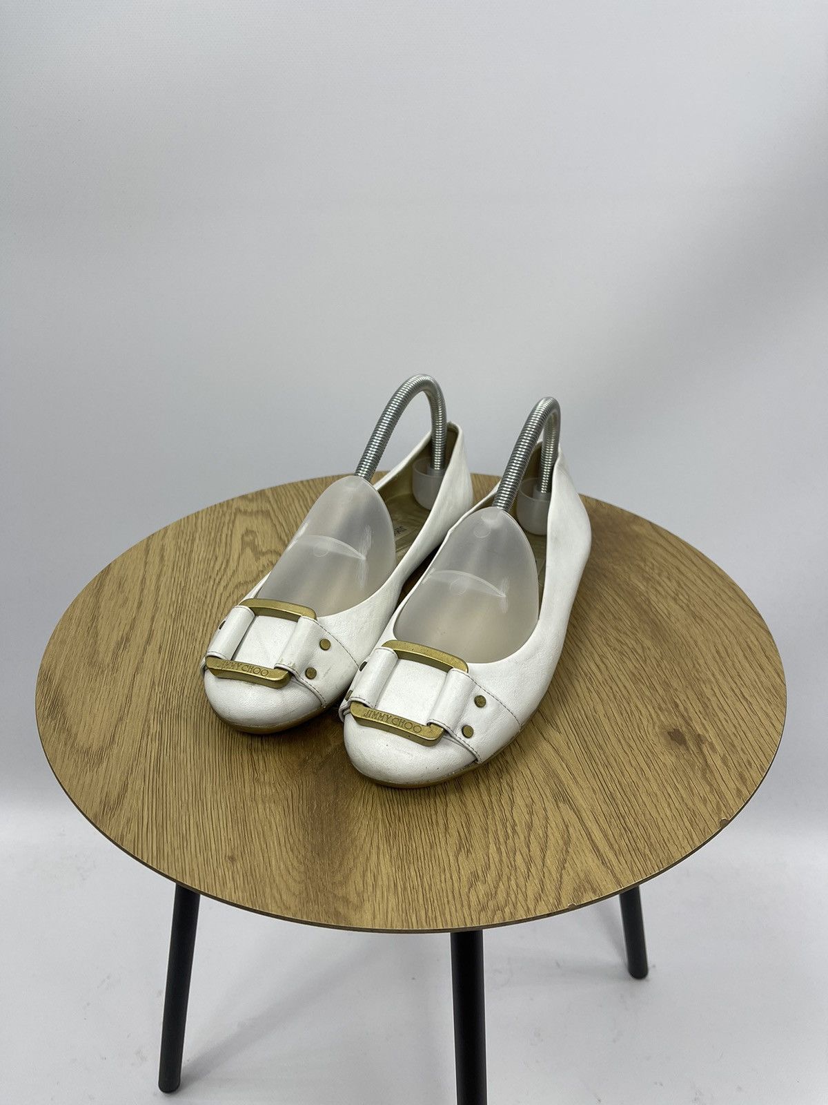 Jimmy Choo Flat Pumps Size 38.5 White Leather Ladies Shoes, Women's