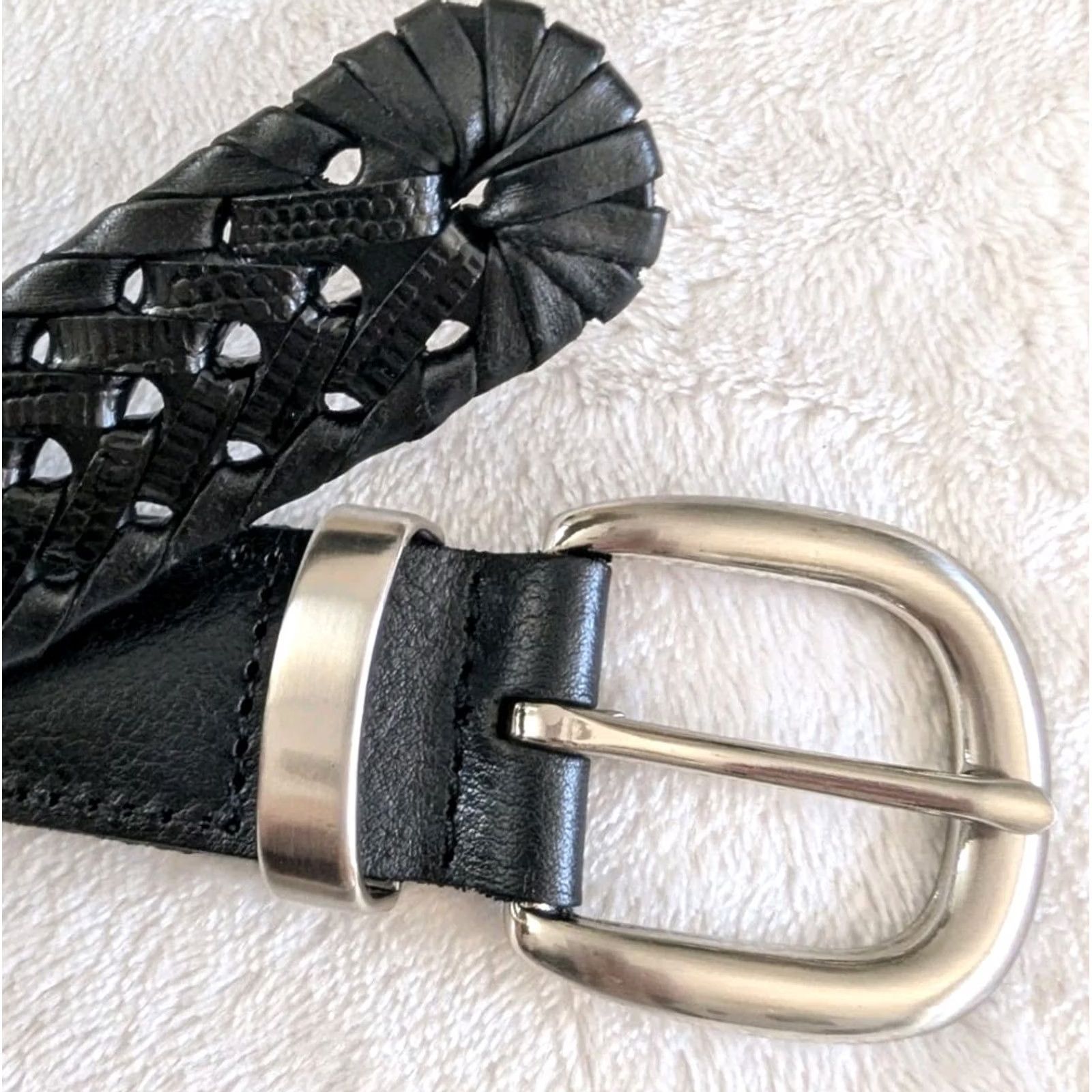 Vintage Black Genuine Leather Woven Belt Women's Size 32 Boho Braided Silver Buckle EUC Size ONE SIZE - 3 Thumbnail
