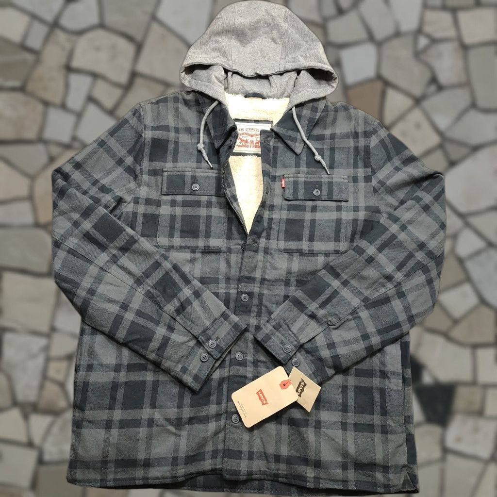 Levi's NWT Levi's Hooded Shacket Gray Plaid Cotton Sherpa Lined Full Zip Jacket Mens Large Regular Fit Size US L / EU 52-54 / 3 - 1 Thumbnail