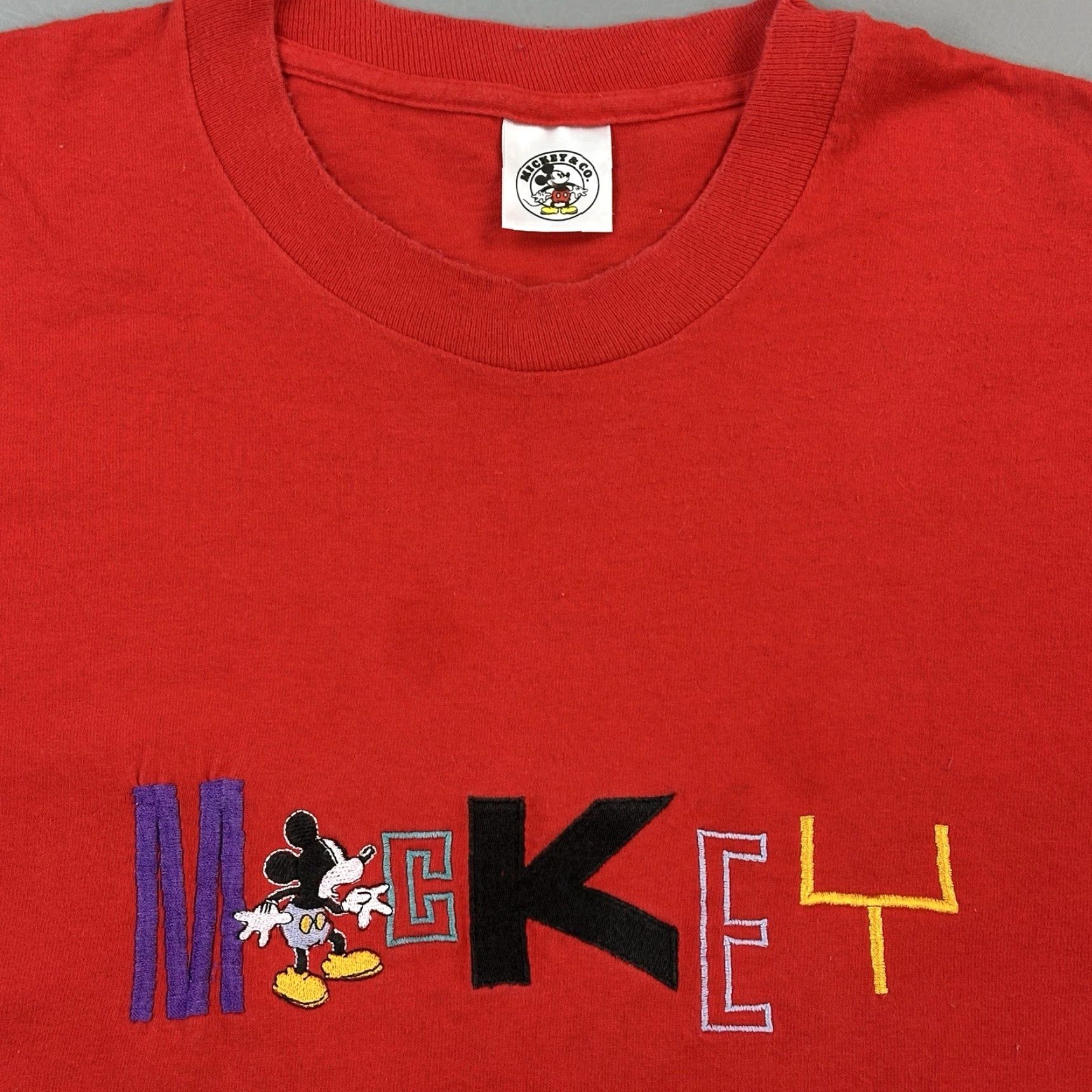 Mickey & Co. VINTAGE Mickey & Co Shirt Mens OS (XL) Embroidered Mickey Logo Single Stitch USA Graphic Print 90s Cartoon Classic Disney T-Shirt Red Size US XL / EU 56 / 4 - 4 Thumbnail