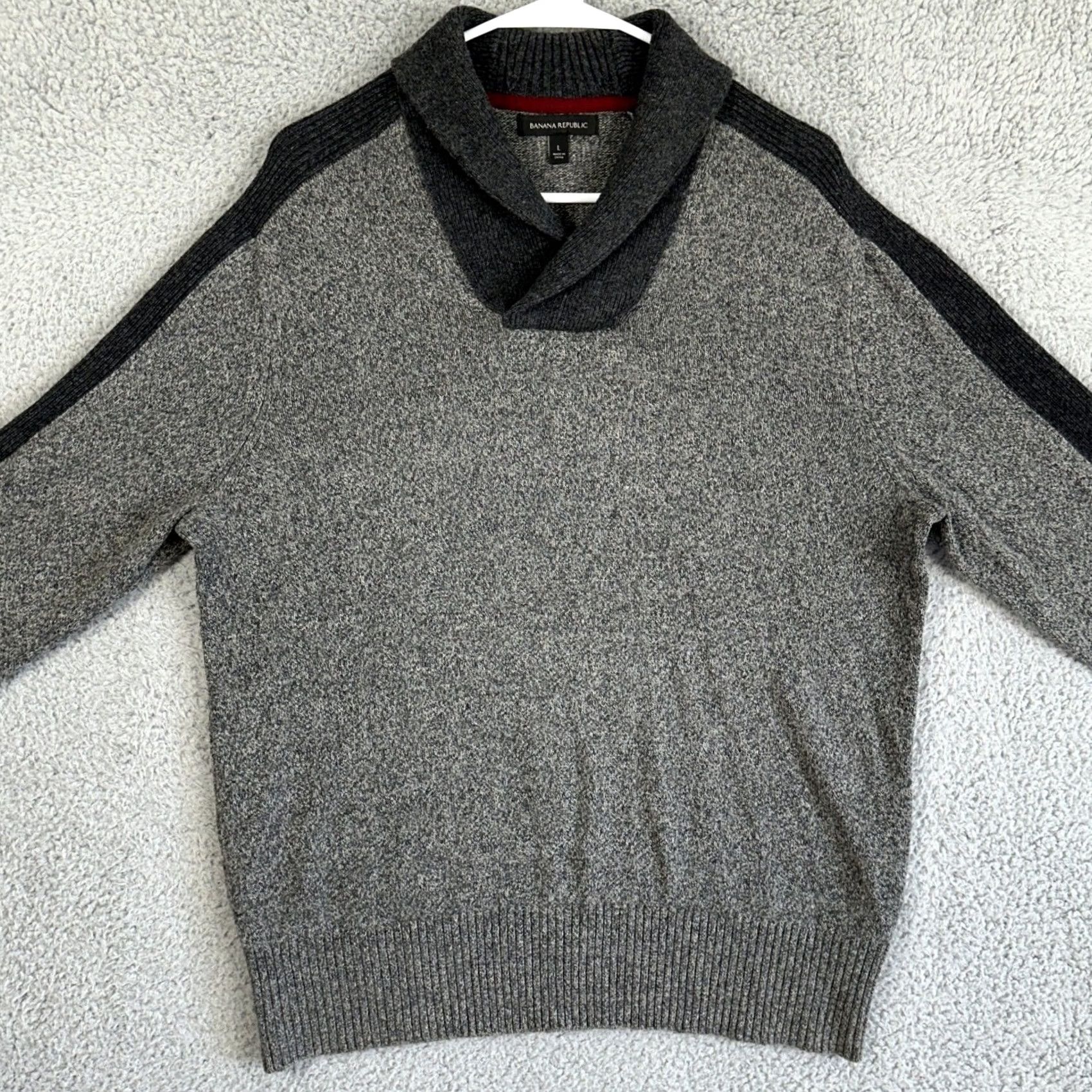 Banana Republic Banana Republic Merino Wool Blend Sweater Shawl Neck Mens Large Gray Black Knit Size US L / EU 52-54 / 3 - 3 Thumbnail