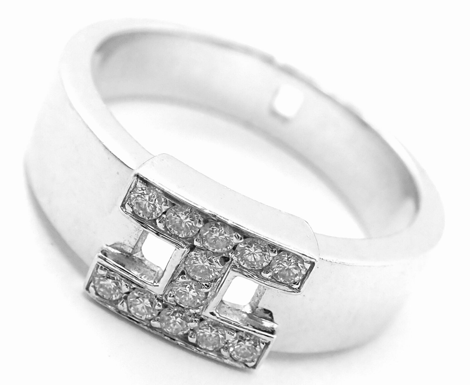 image of Hermes 18K White Gold Diamond H Band Ring, Women's