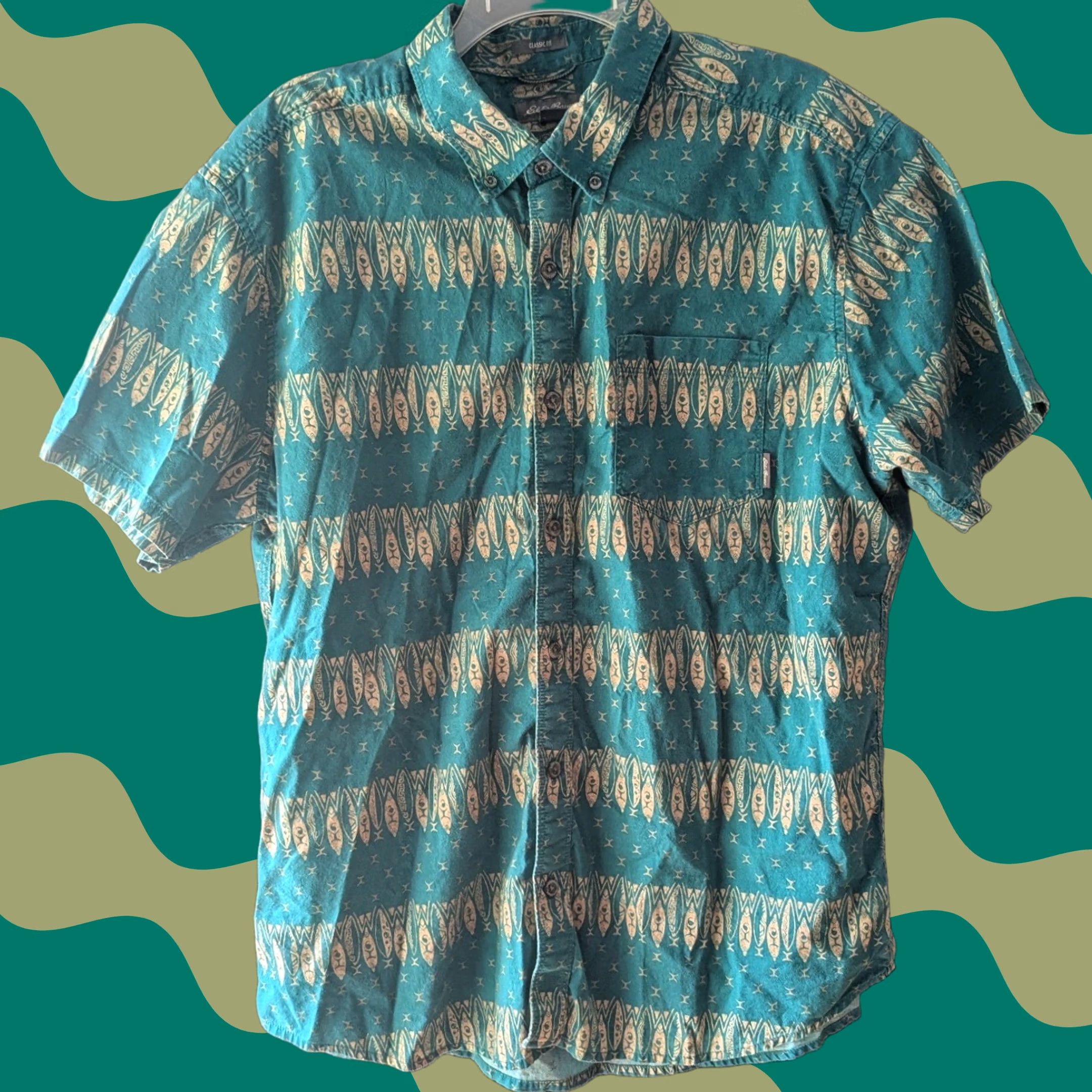 Eddie Bauer Eddie Bauer Button Up Teal Surfboard Print Short Sleeve Camp Shirt Classic Fit Men XL Multicolor Geometric Casual Travel Summer Spring Button-Up Size US XL / EU 56 / 4 - 1 Thumbnail