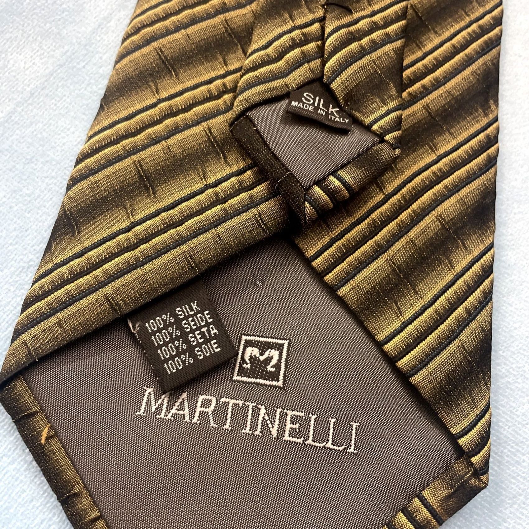 Martine Ali VINTAGE Martinelli Silk Pleated Repp Tie Yellow Gold Gray Striped 3.5" 58" Mens Tie Size ONE SIZE - 4 Thumbnail