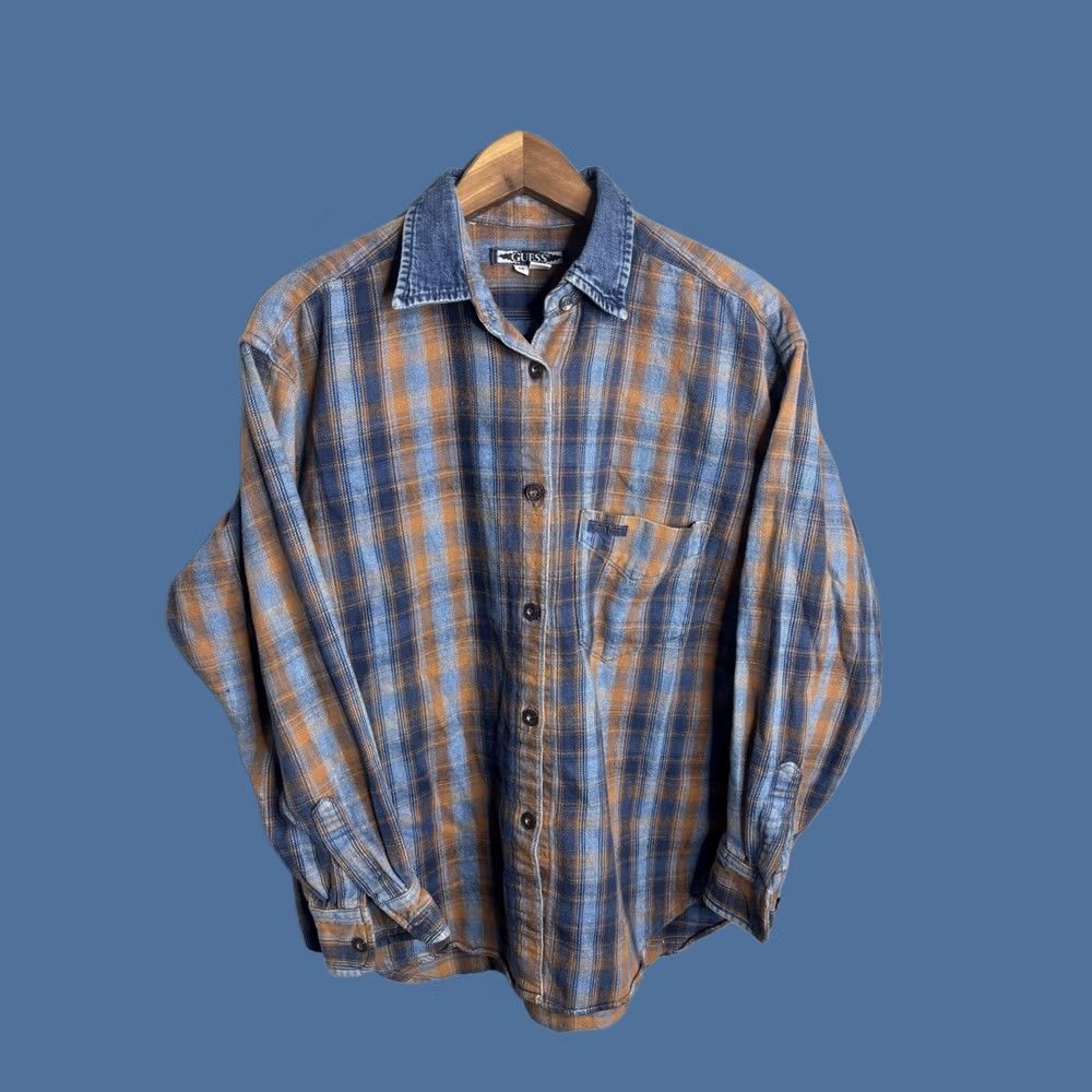 Guess VTG Guess Plaid Flannel Shirt Mens Medium Blue Orange Button Denim Collar Size US M / EU 48-50 / 2 - 1 Thumbnail