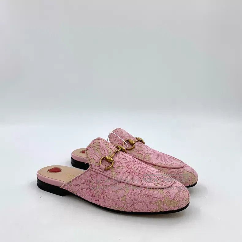Gucci Gucci Pink lace flower embroidery horse buckle casual flat Size US 4.5 / IT 34.5 - 2 Thumbnail