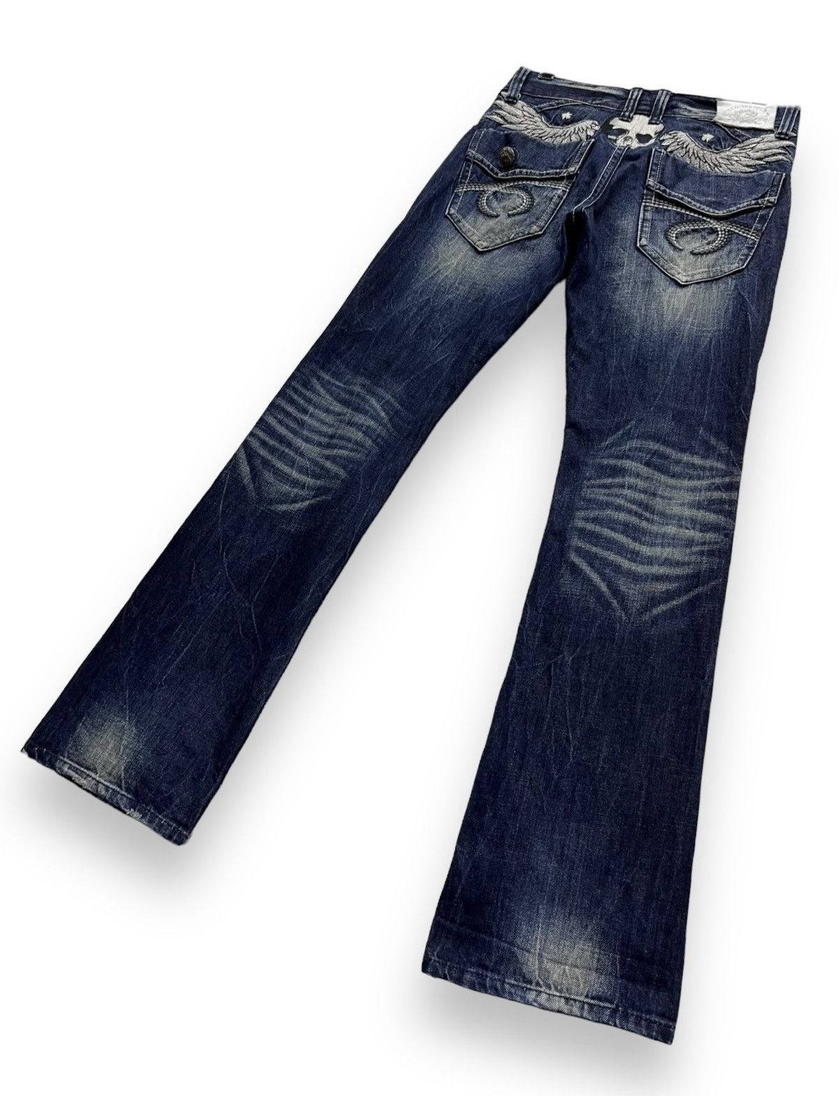 Le Grande Bleu (L.G.B.) × Seditionaries FYE💀🪽WINGED SKULL EMBROIDERY🔥VINTAGE TATTOO JEANS FLARE🔥 Size US 31 - 7 Thumbnail