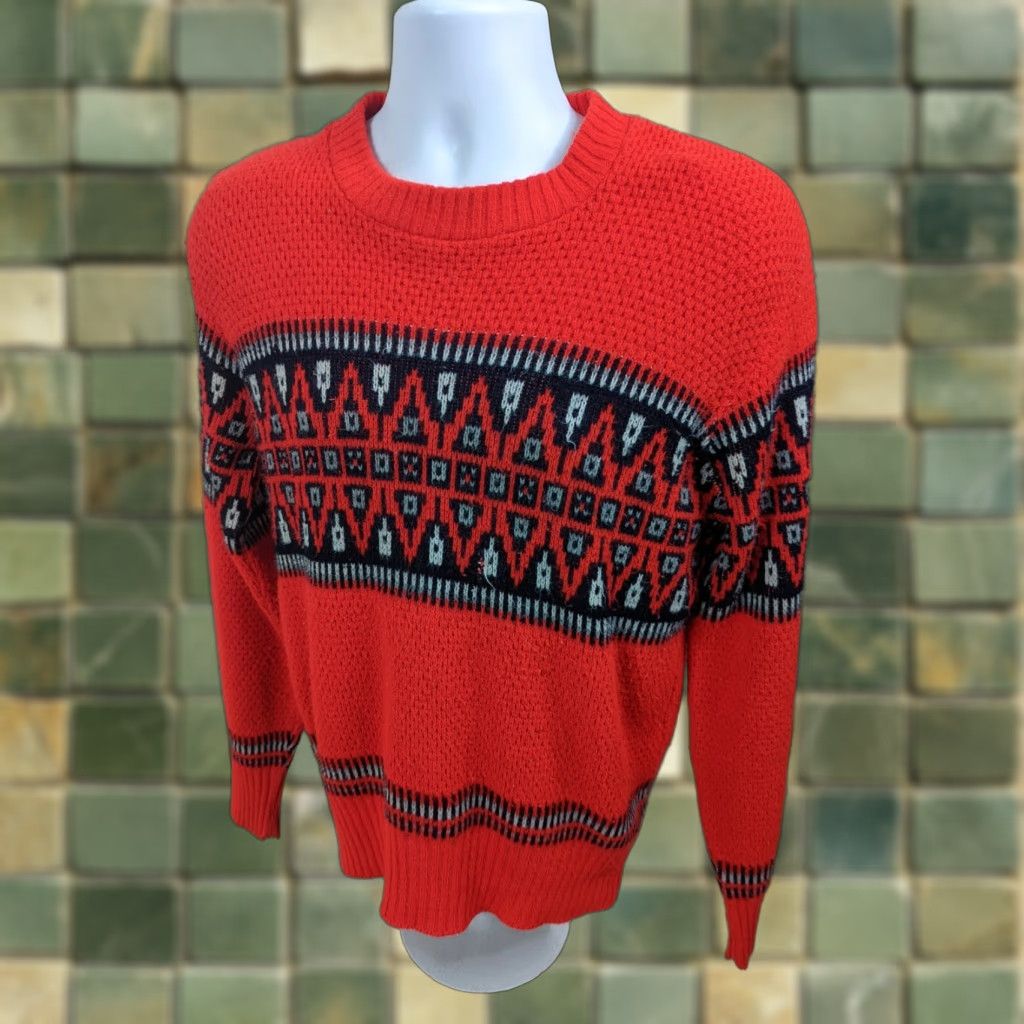 Vintage VINTAGE Sweater Crewneck Knit Long Sleeve Red Fair Isle Embroidered Logo Men's Large 80s Ski Pullover Size US L / EU 52-54 / 3 - 1 Thumbnail