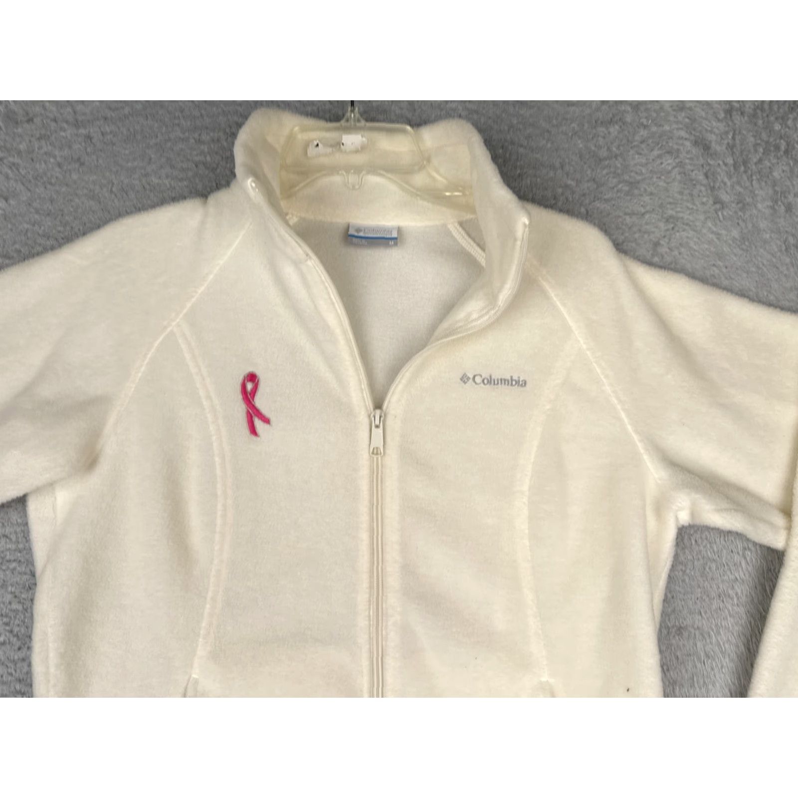 Pinko Columbia Jacket Womens Medium White Fleece Full Zip Outdoor Hiking Pink Ribbon Embroidered Logo Pockets Size M / US 6-8 / IT 42-44 - 7 Thumbnail