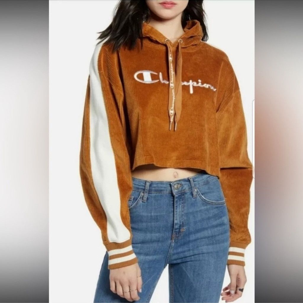 Champion Champion Women's Tan Corduroy Cropped Hoodie Size L / US 10 / IT 46 - 1 Thumbnail