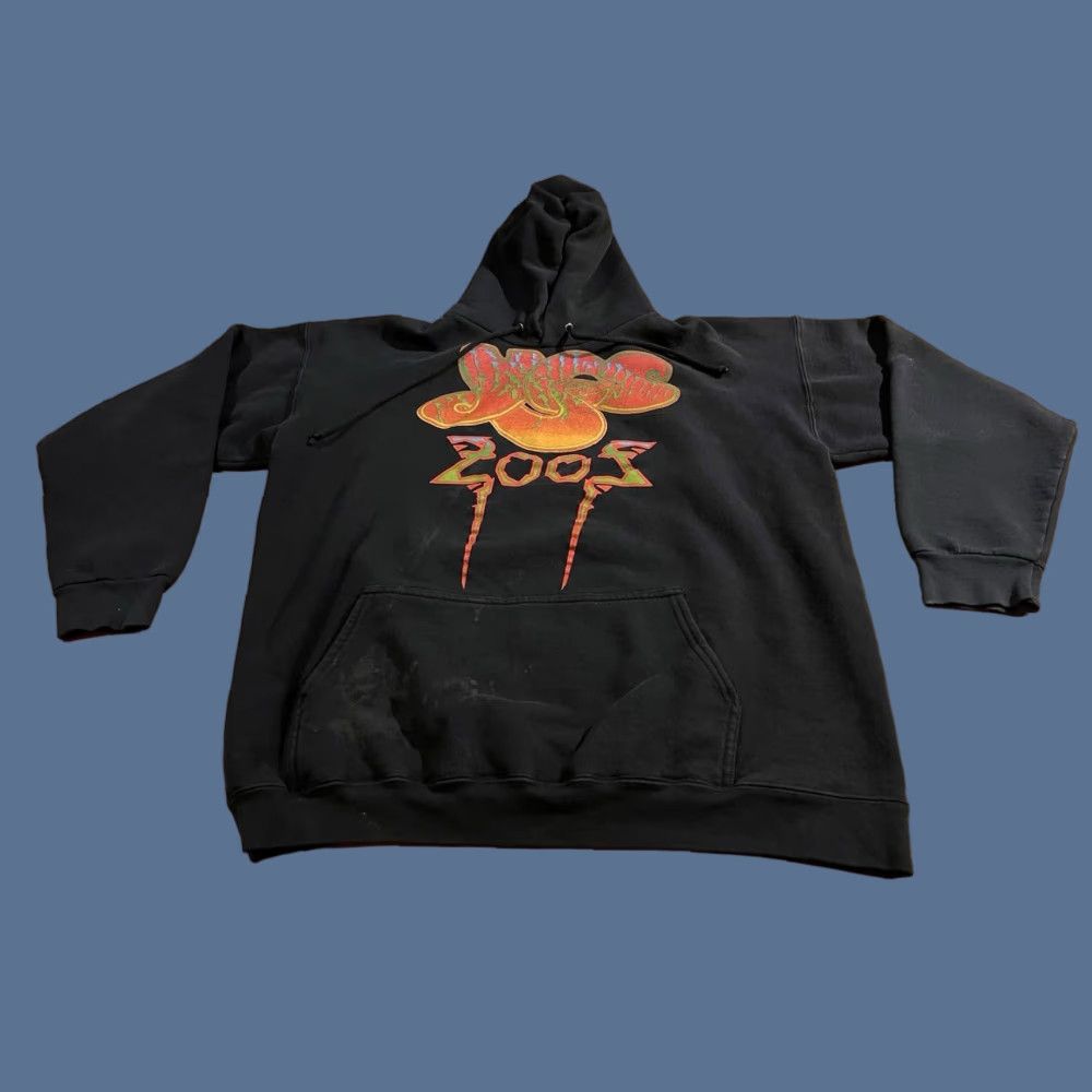 VINTAGE Yes 2002 Tour Hoodie Men’s Large Black Distressed Y2K Logo Graphic Print Hooded Pockets Mens