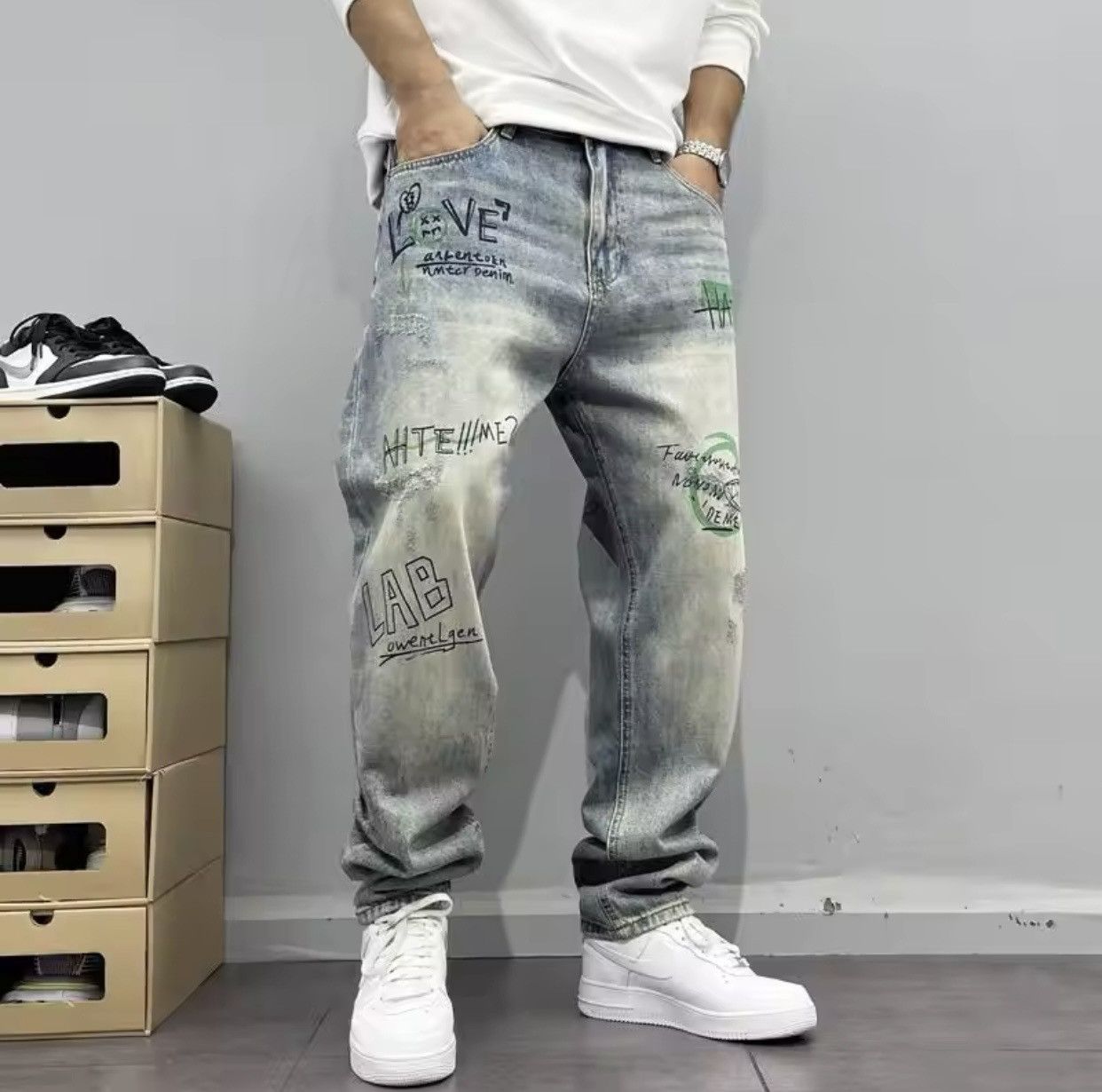 Denime × Japanese Brand American Retro Street Style Printed Straight Leg Jeans Size US 30 / EU 46 - 1 Thumbnail