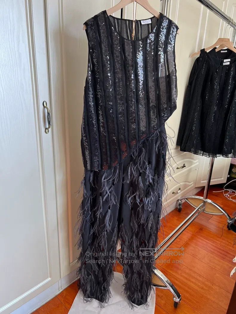 Brunello Cucinelli Brunello Cucinelli Ostrich Feather Sequin Wool Wide Leg Pa Size 25" / US 0 / IT 36 - 3 Thumbnail
