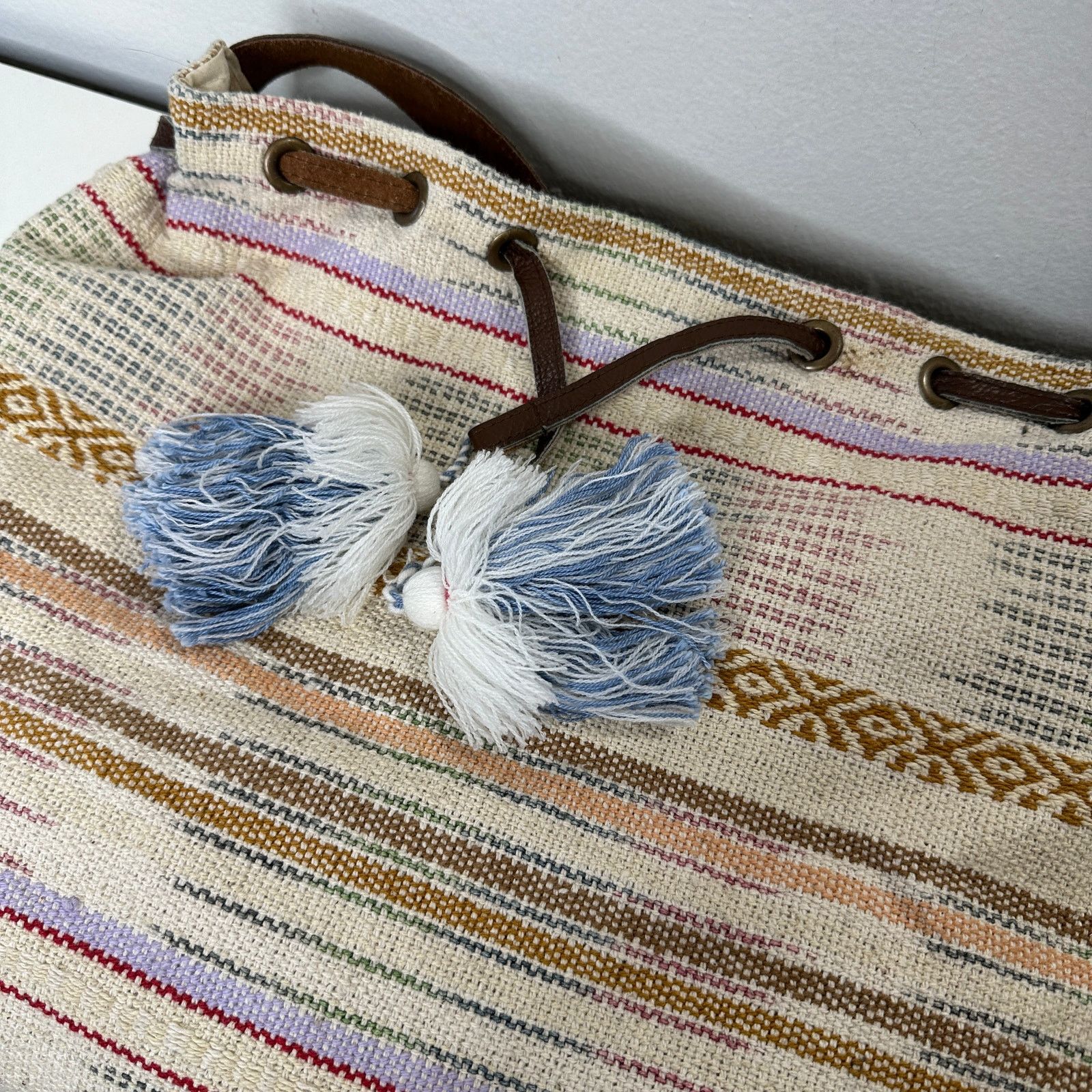 Other Lovestitch Tan Multicolor Striped Canvas Boho Bag Drawstring Size ONE SIZE - 6 Thumbnail