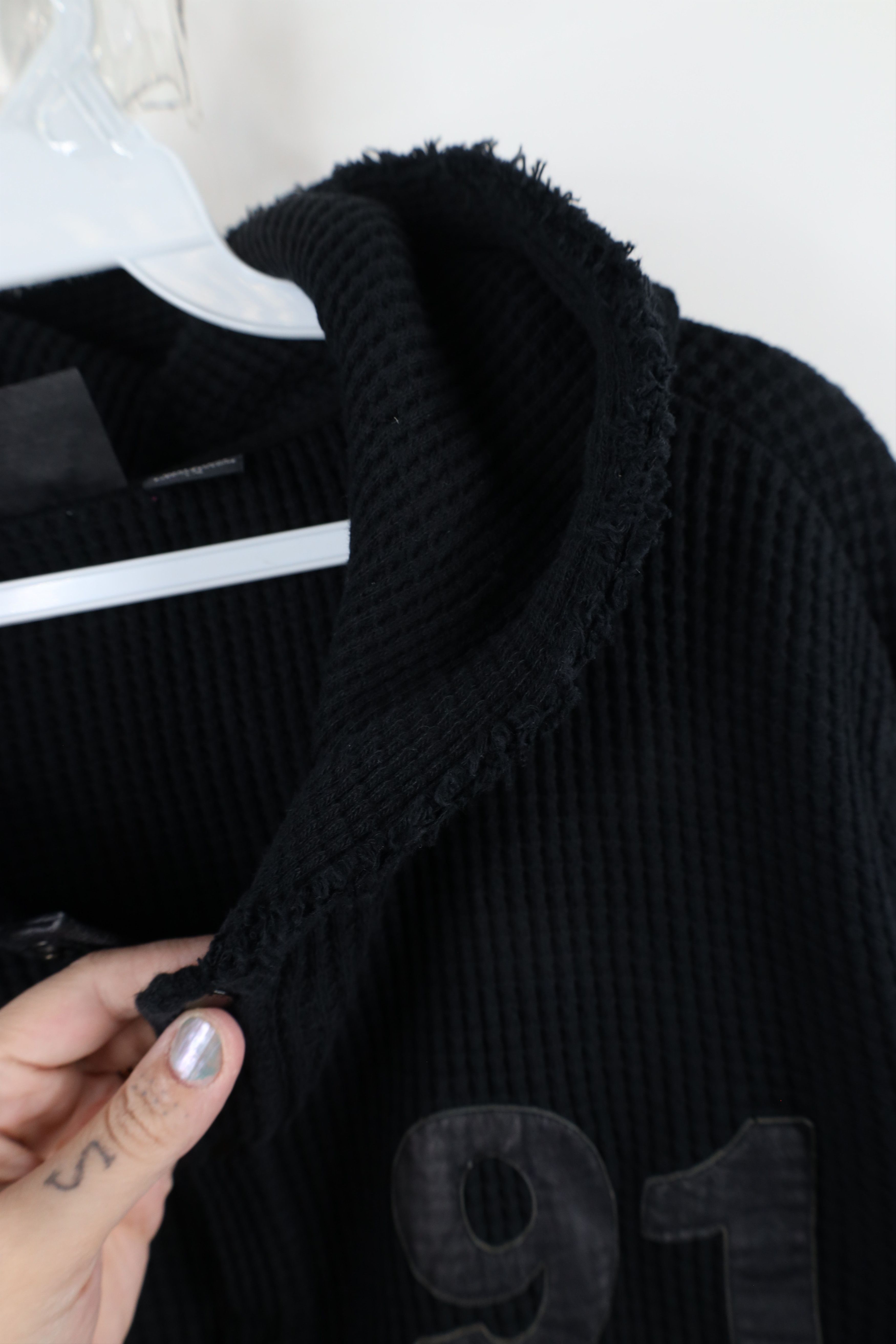 Armani Exchange × Vintage Armani Exchange Leather Trim Thermal Waffle Knit Hoodie Size US L / EU 52-54 / 3 - 9 Thumbnail