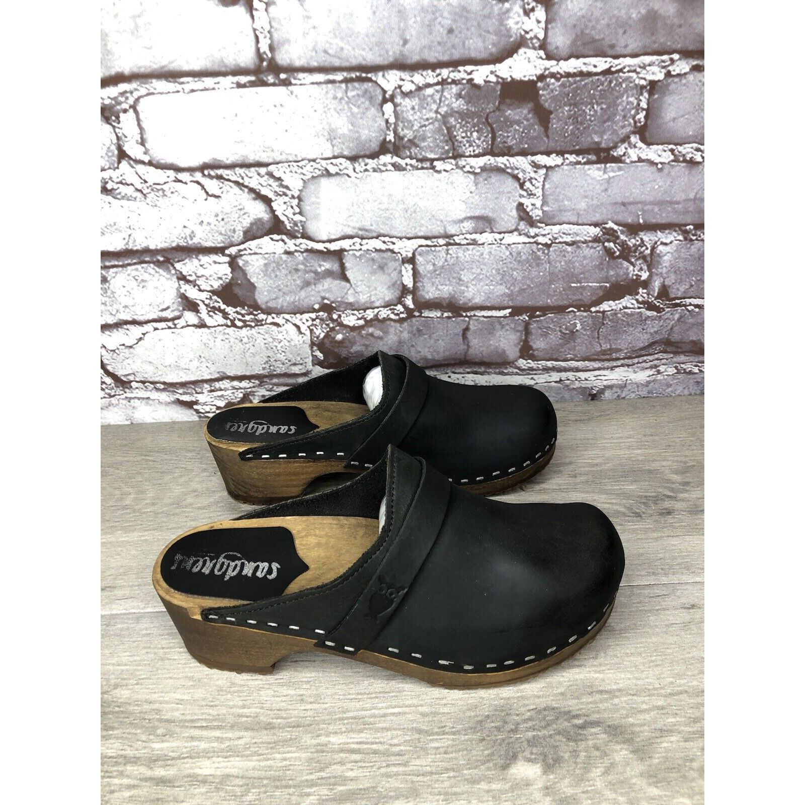 Other Sandgrens Handmade Swedish Black Nubuck Leather Wood Clogs W Size US 6 / IT 36 - 5 Thumbnail