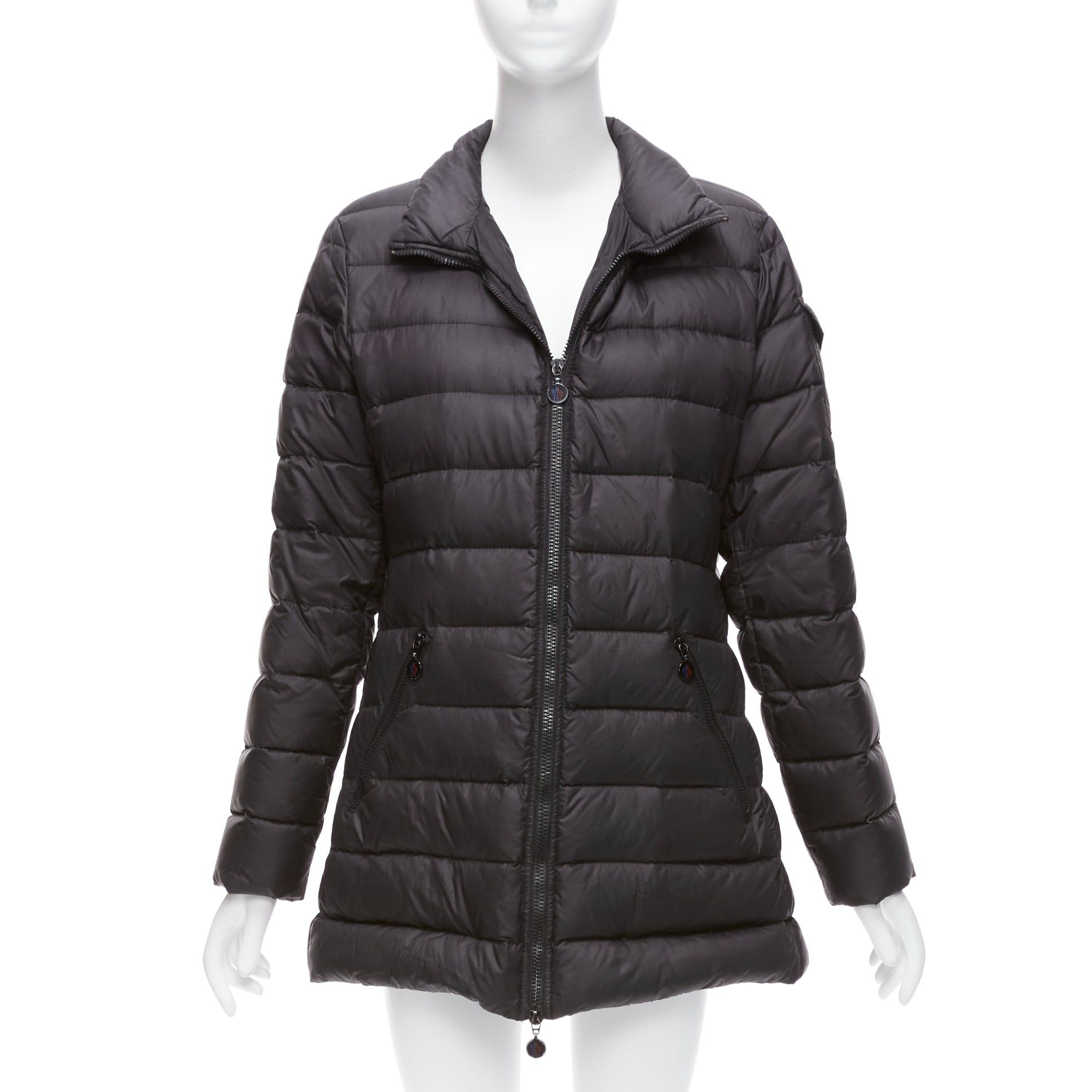 image of Moncler Norme Afnor Black Quilted Puffer Zip Front A Line Coat Sz3 L, Women's (Size Medium)