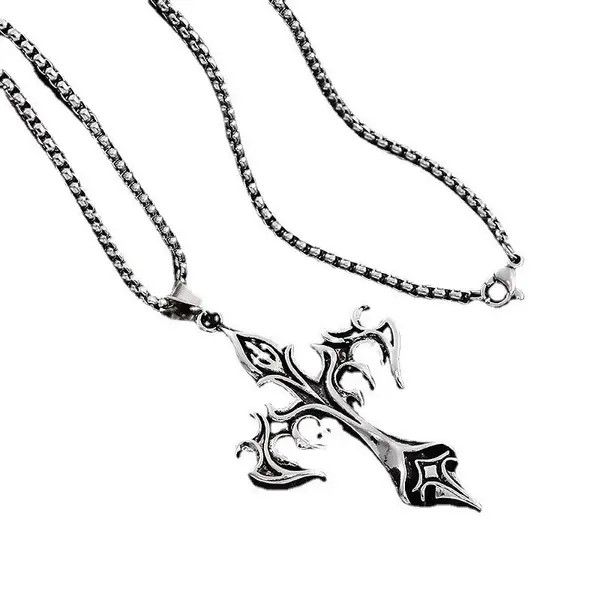 VIBE Vintage Flame Cross Pendant Necklace Long Chain Punk Gothic Size ONE SIZE - 4 Thumbnail