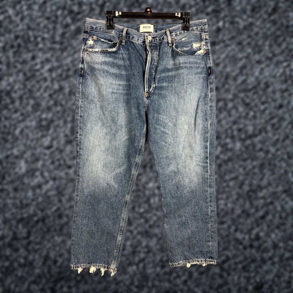 Agolde AGOLDE Riley High Rise Straight Crop Jeans Womens 33 Blue Button Fly Distressed Size 24" / US 00 / IT 34 - 1 Thumbnail