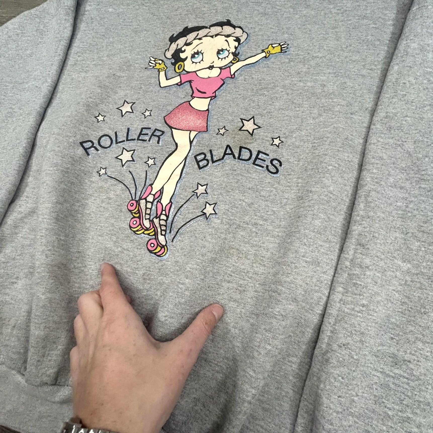 Hanes Vintage Betty Boop Roller Blades Sweatshirt Men XL Gray Glitter Graphic 90s Hanes Crew Neck Pullover Fleece Cotton Blend Size US XL / EU 56 / 4 - 7 Thumbnail