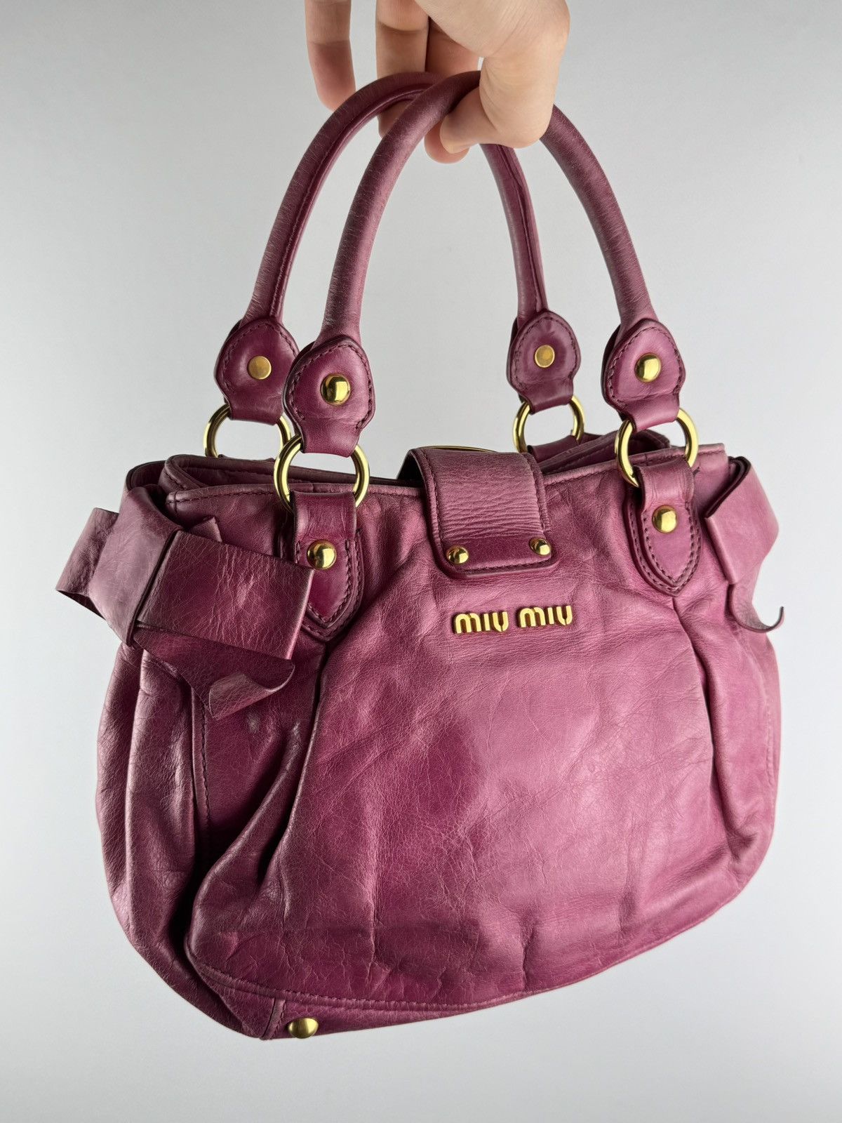 Miu Miu Miu Miu Vitello Lux Bow Bag Pink Leather Top Handle Handbag Size ONE SIZE - 1 Thumbnail