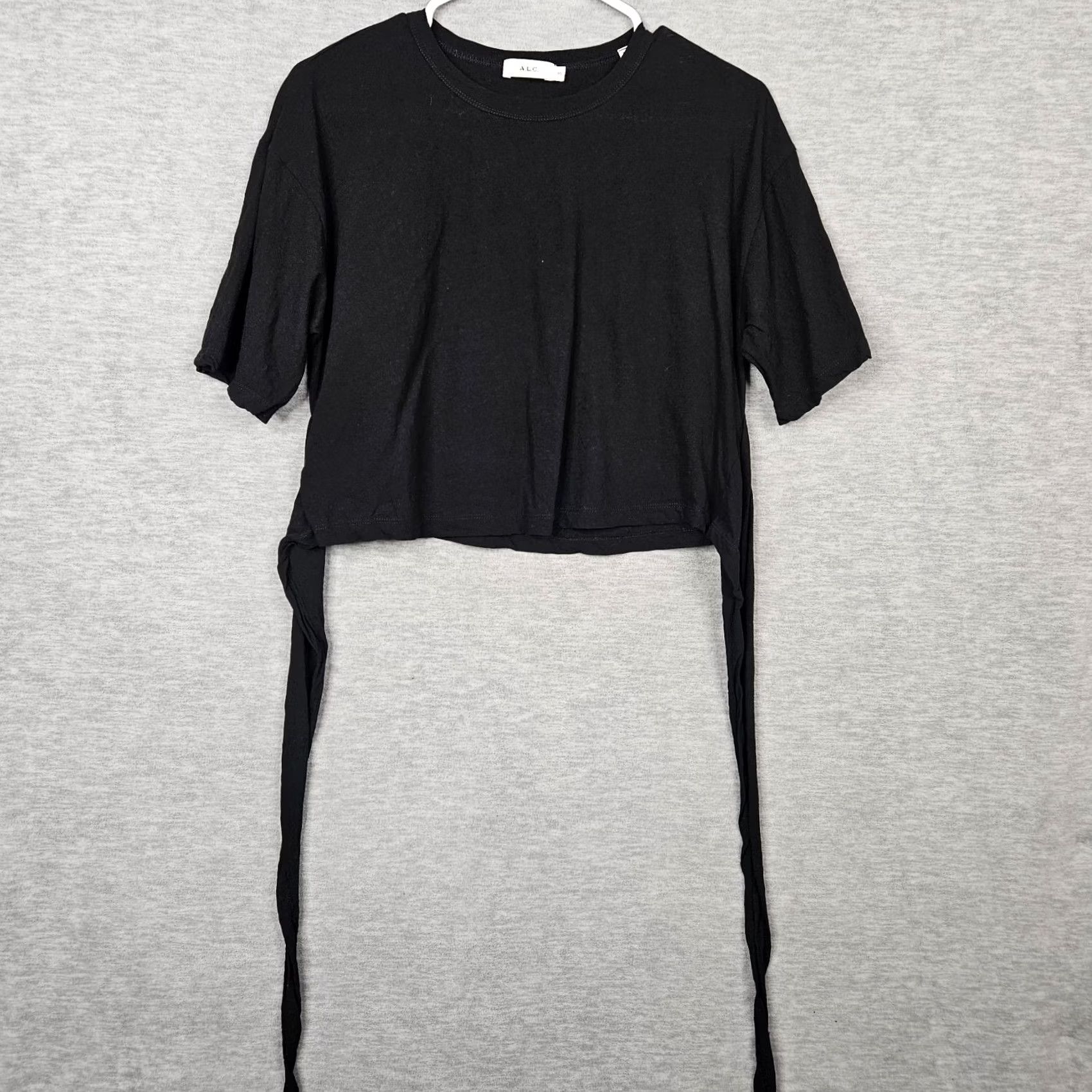 Vintage A.L.C Women's Black Cropped Short Sleeve Tie Waist Cotton Tee XS Size 26" / US 2 / IT 38 - 2 Thumbnail