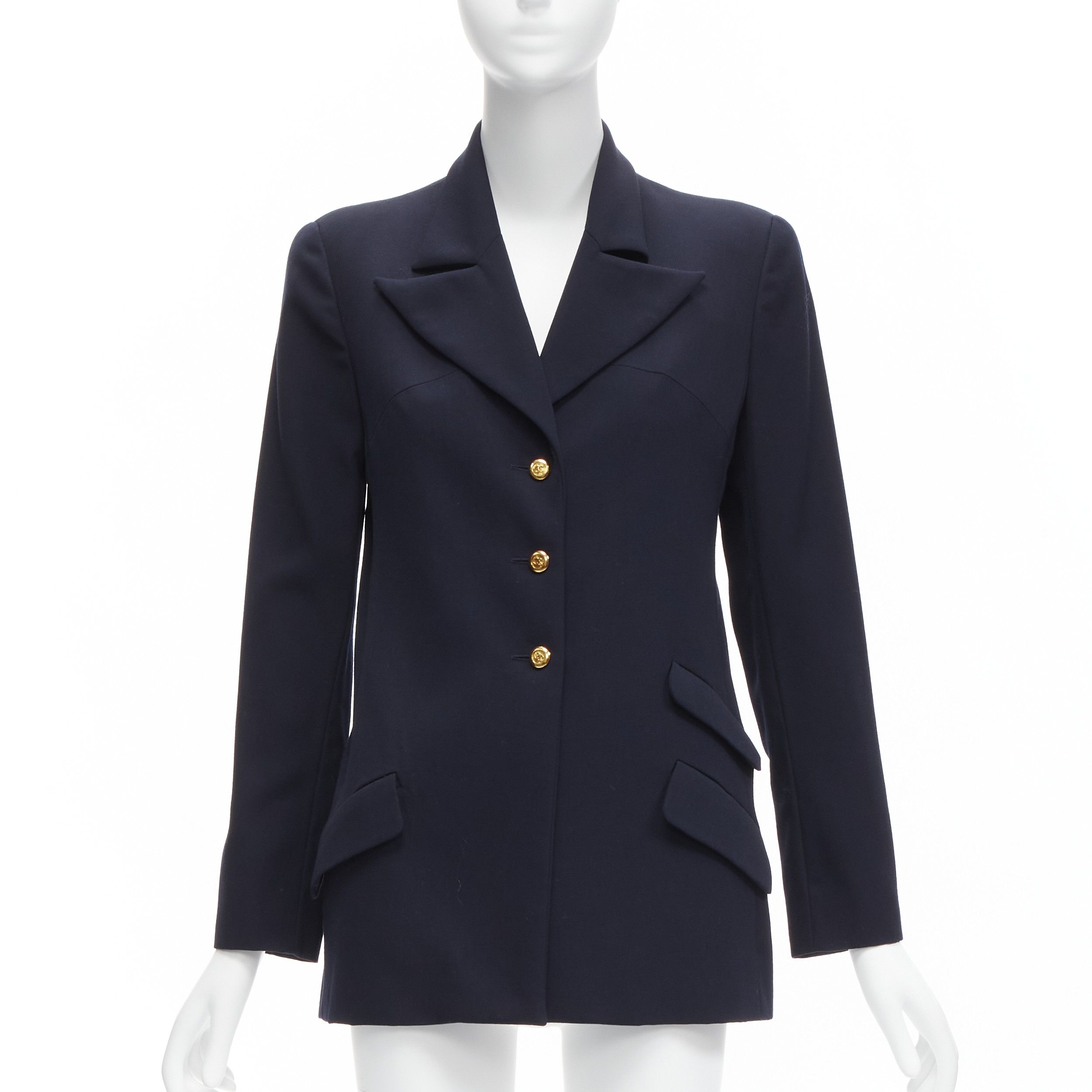 CHANEL navy gold CC buttons flap pockets military blazer jacket FR38 M