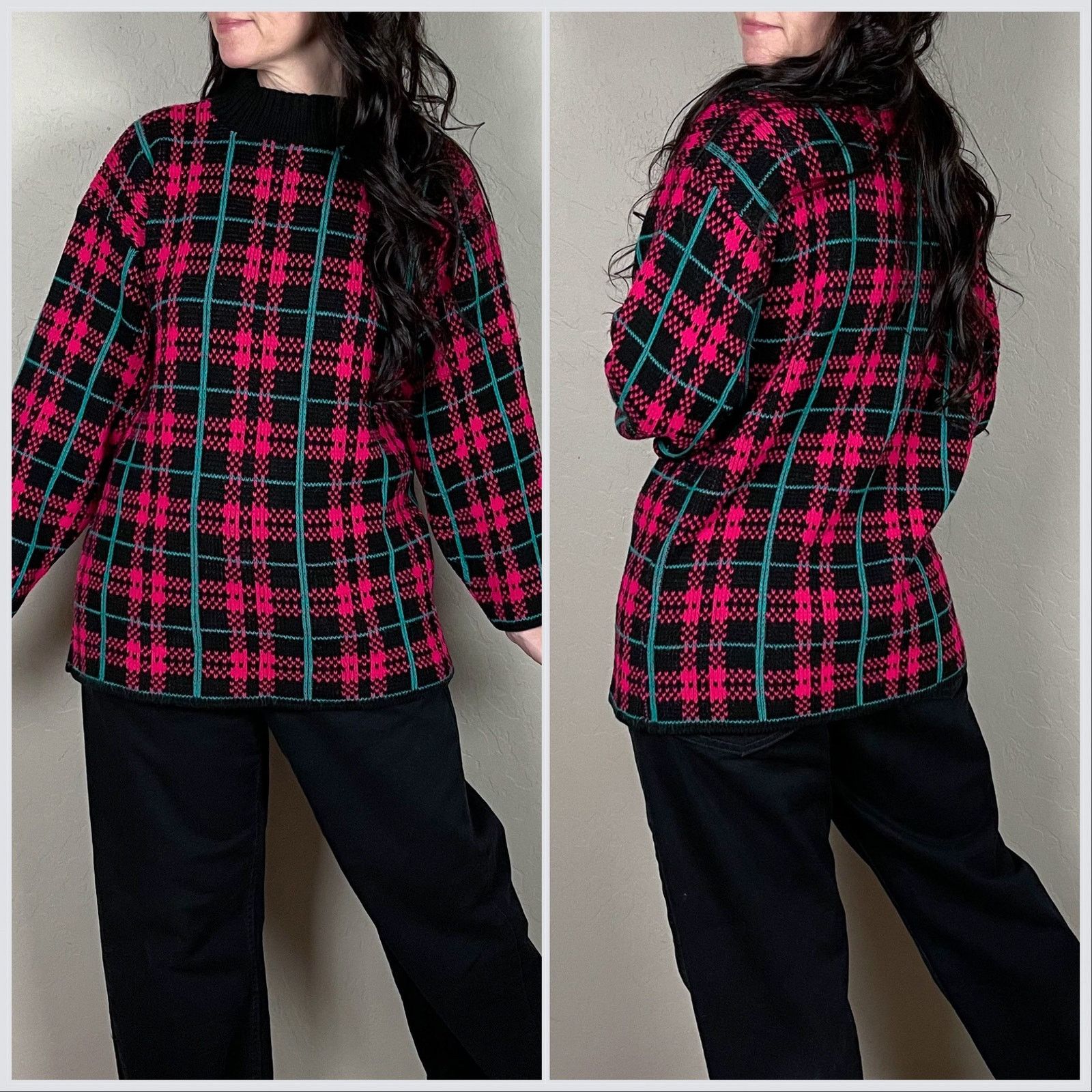 Vintage 1980s Hot Pink and Black Plaid Mock Neck Tunic Sweater Size M / US 6-8 / IT 42-44 - 3 Thumbnail