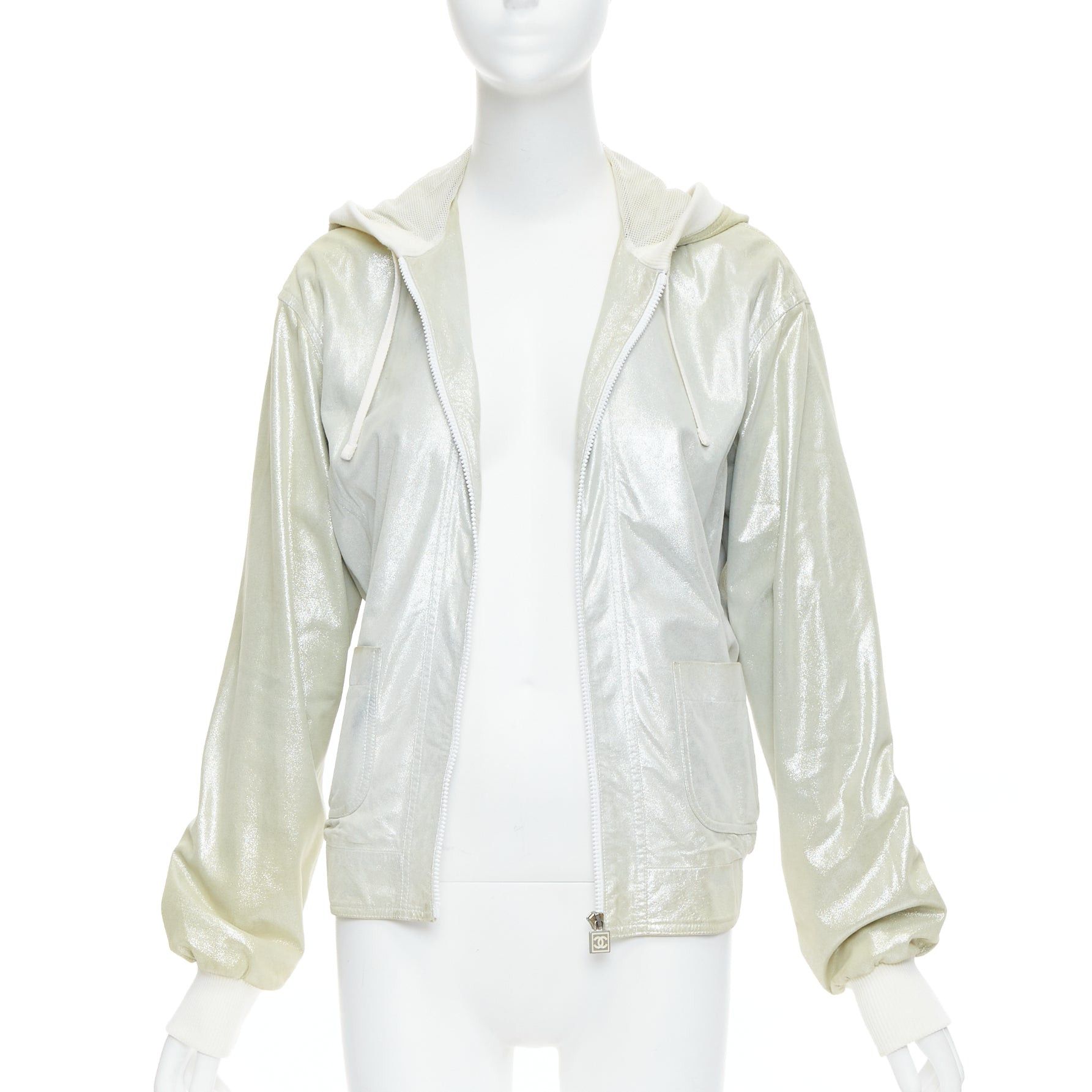 CHANEL 08P Vintage metallic lambskin leather rib trim hooded zip jacket FR38 M