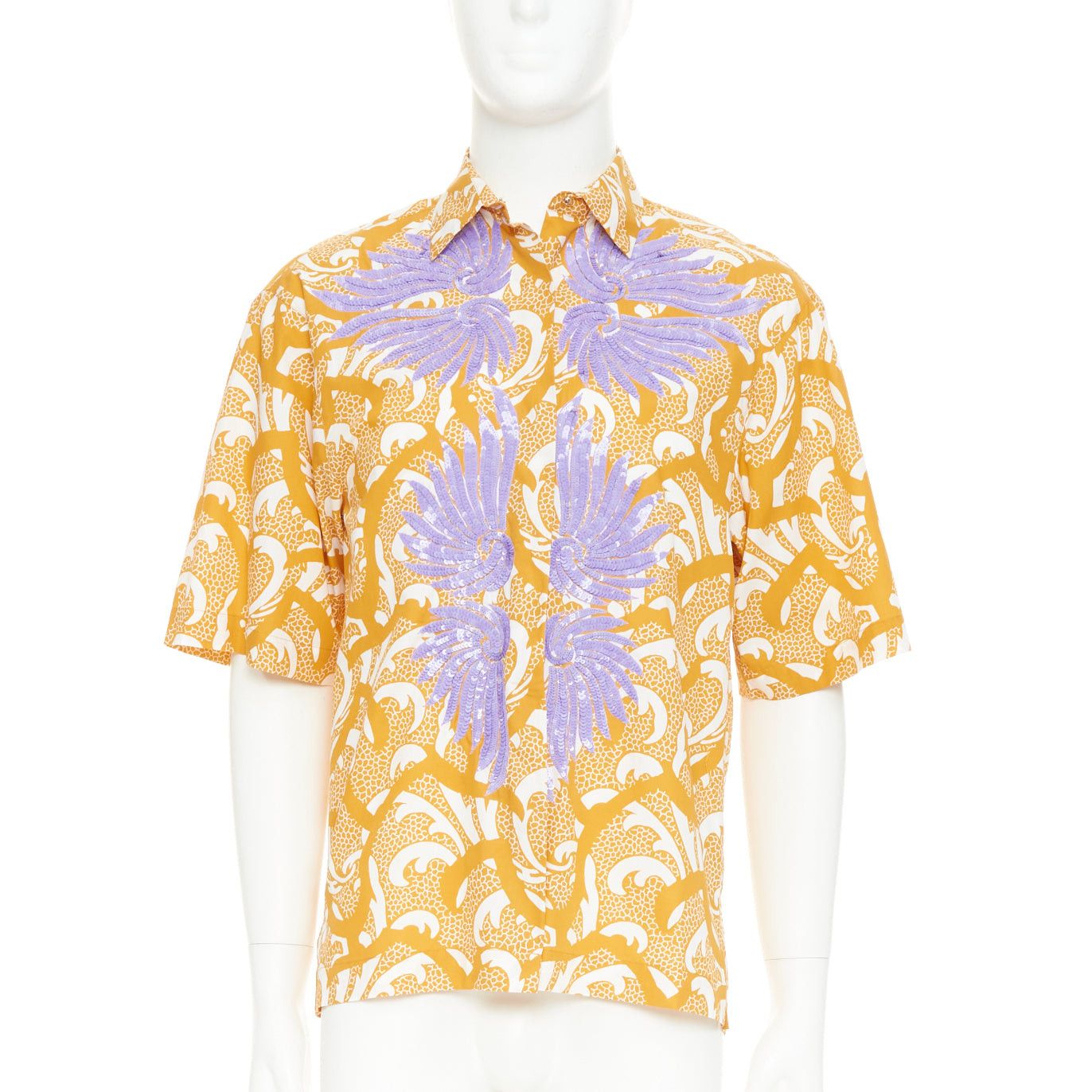 Dries Van Noten DRIES VAN NOTEN yellow cotton lilac sequin embroidered short sleeve bowling shirt S Size US S / EU 44-46 / 1 - 1 Thumbnail