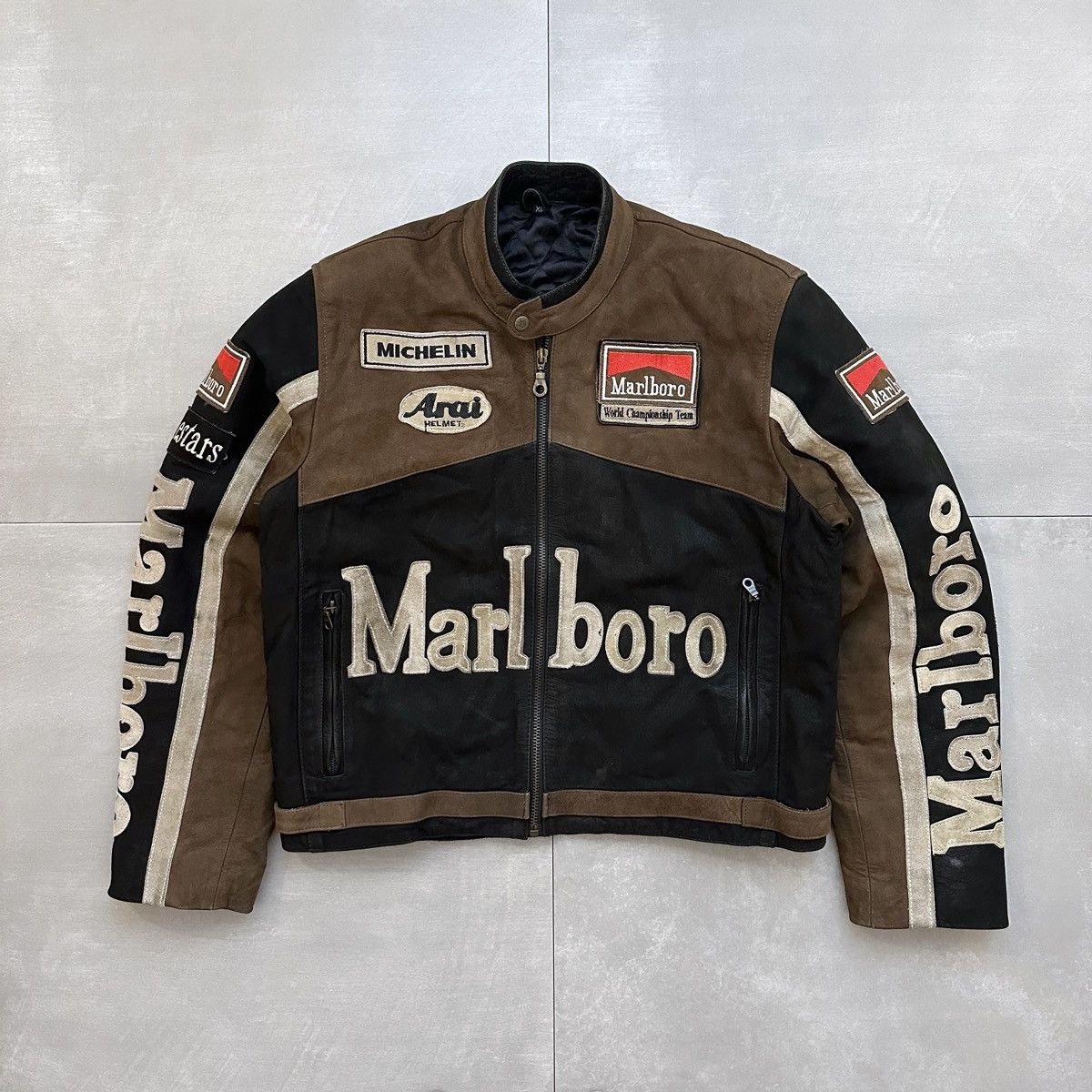 image of Vintage Marlboro Racing Leather Jacket 90's in Black/Brown, Men's (Size XL)