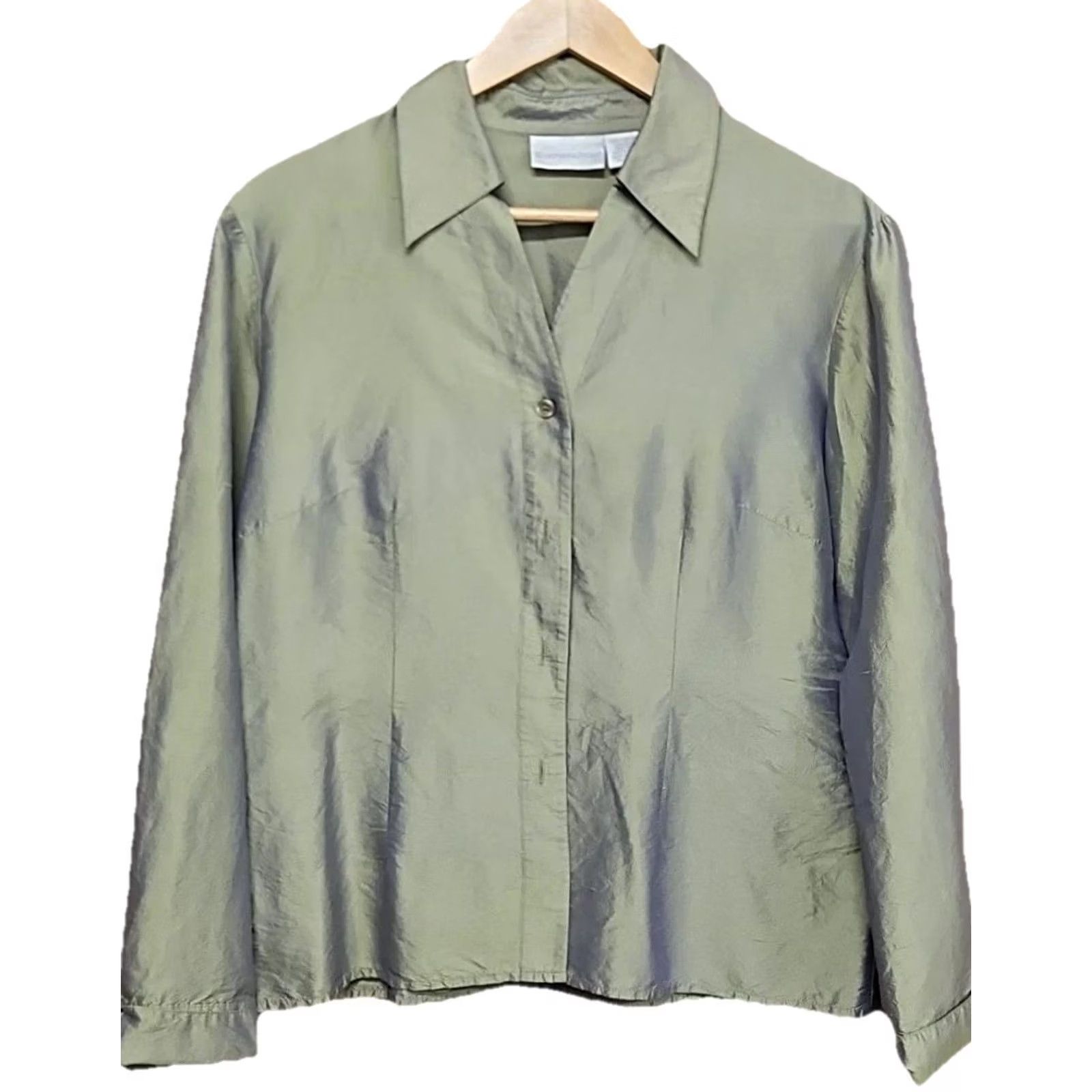 Worthington Worthington 100% Silk Blouse Womens Large Button Front Collared Luxe Drapey Olive Green Shirt Size L / US 10 / IT 46 - 2 Thumbnail