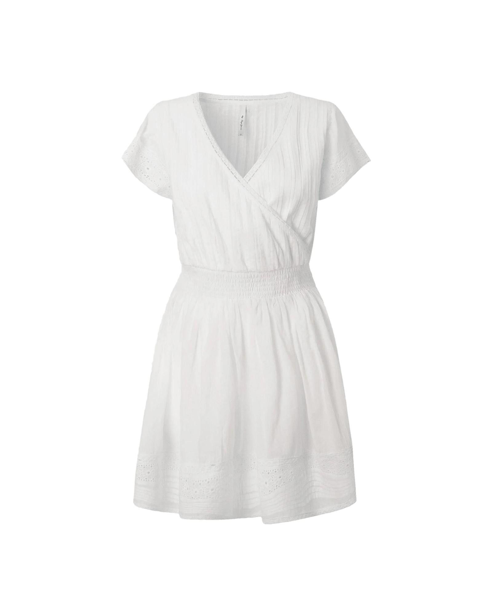 Image of Pepe Jeans Cotton V-Neck Dress in White, Women's (Size XL)