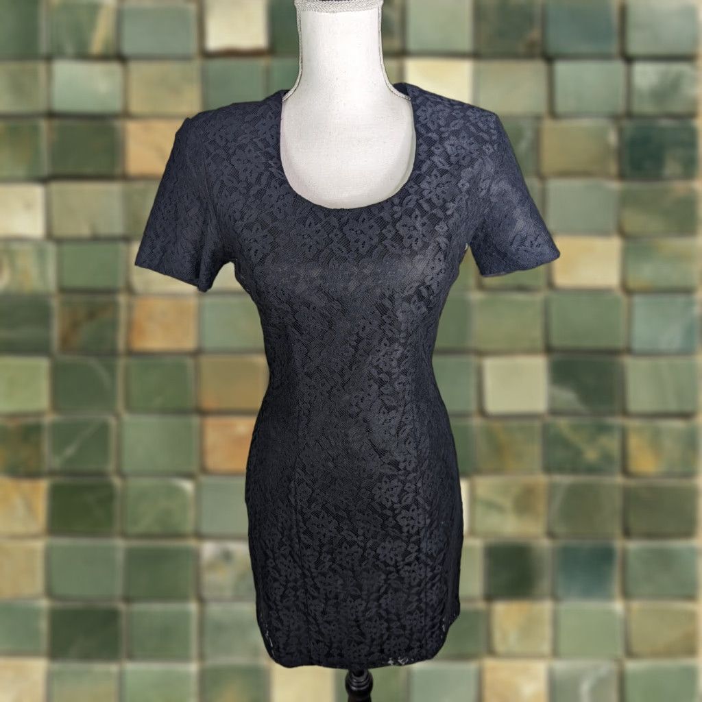 VINTAGE 90s Little Black Lace Mini Dress Short Sleeve Small D2S Rampage  Women Formal 90s Theme