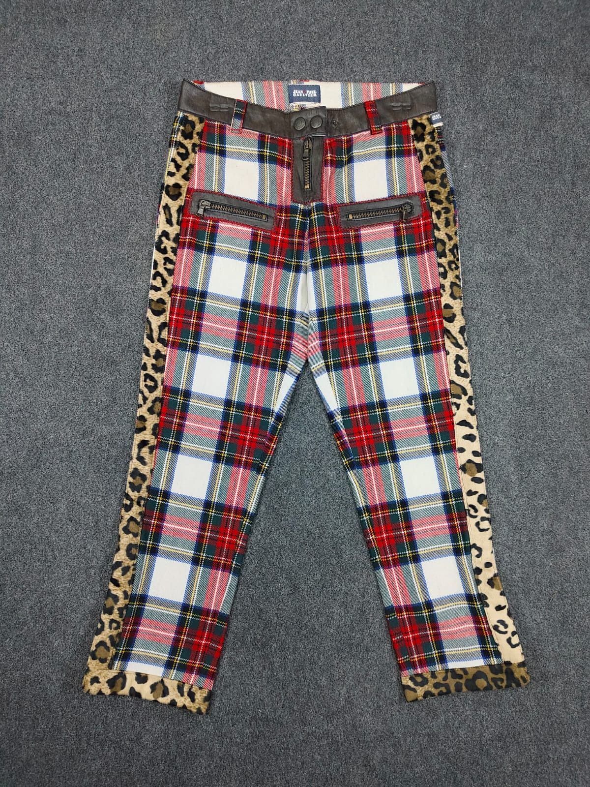 Jean Paul Gaultier 💥JPG Femme Tartan Plaid Leopard Panel Cropped Bondage Pants Size 40" / US 18 - 1 Thumbnail