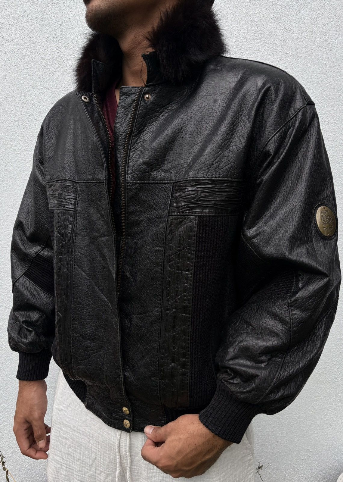 Leather Vintage 80s Noblesse Leather Blouson Jacket w/ Fur Collar Size US L / EU 52-54 / 3 - 2 Thumbnail