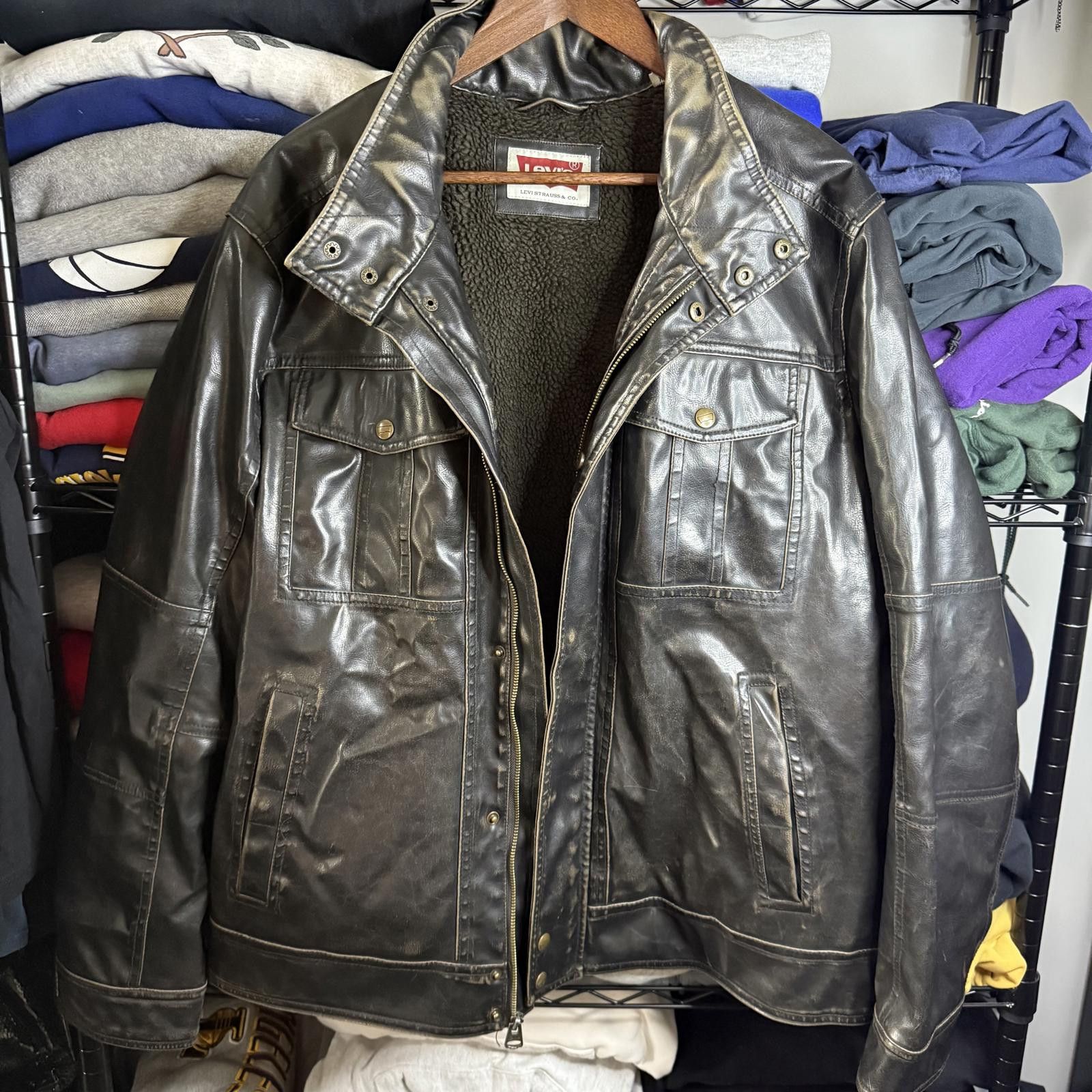 Levi's Levi's Black Leather Jacket with Sherpa Lining Size US XL / EU 56 / 4 - 1 Thumbnail