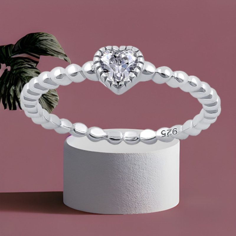 The Unbranded Brand Sterling Silver Beaded Clear Heart CZ Ring Size ONE SIZE - 1 Thumbnail