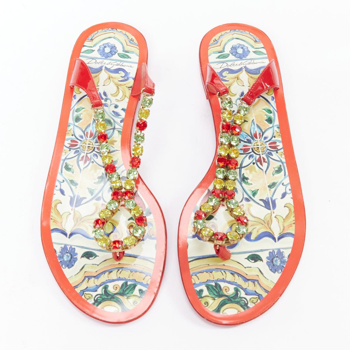 DOLCE GABBANA red colorful crystal embellished majolica sandals EU39