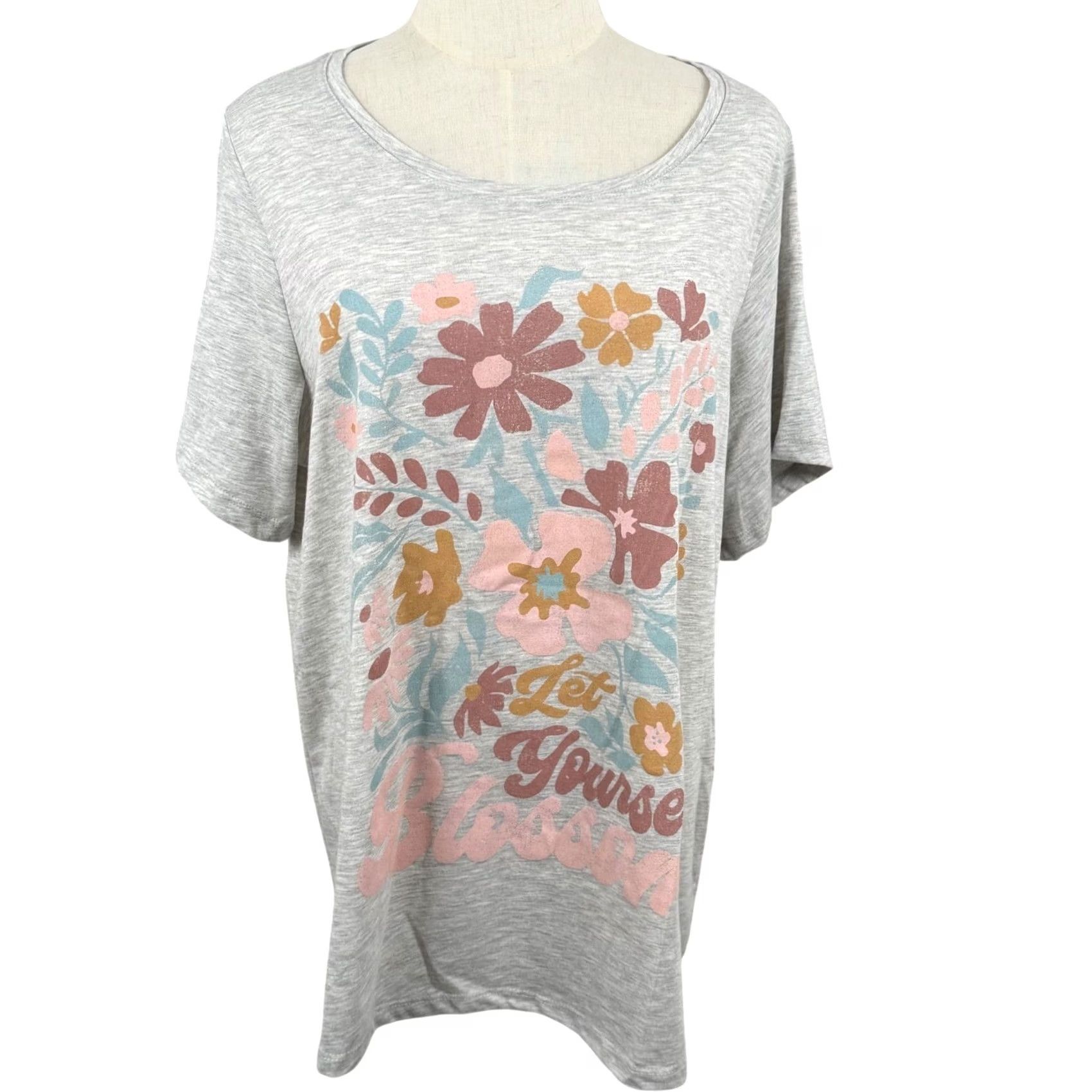VIBE Womens 0X T Shirt Gray Floral Positive Vibes Graphic Boho Soft Cottage Nature Size XL / US 12-14 / IT 48-50 - 2 Thumbnail