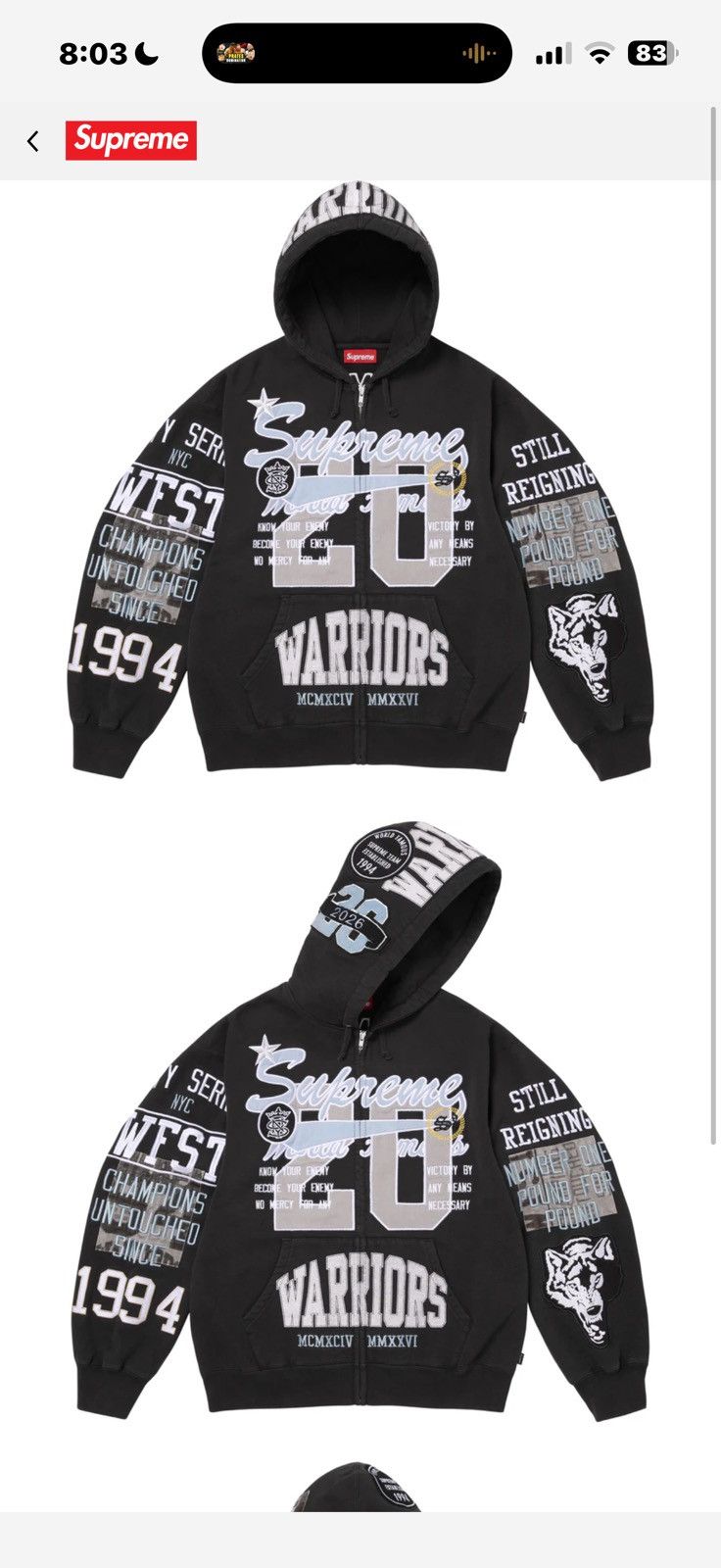 Supreme Supreme warrior zip up hoodie black small Size US S / EU 44-46 / 1 - 1 Thumbnail