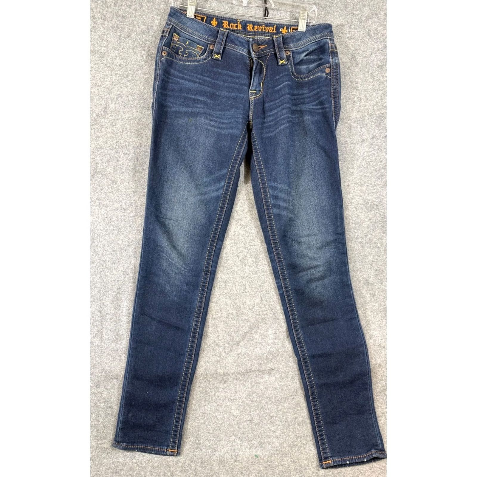 Vintage Rock Revival Jeans Womens 29 Blue Denim Jessica Skinny Stretch Low Rise Whisker Wash Pockets Size 29" - 2 Thumbnail