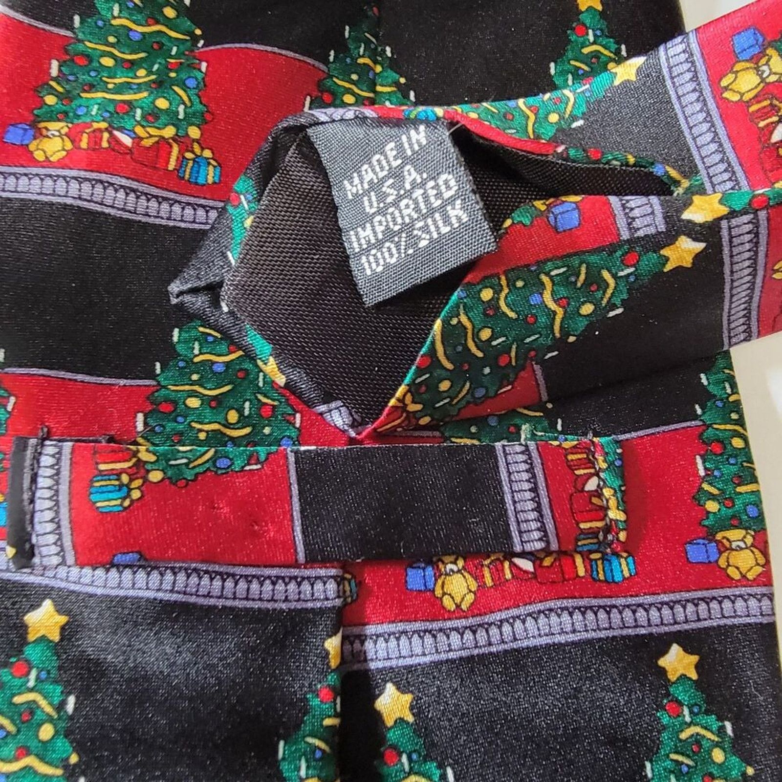 Other Christmas Tie Trees Black & Red Stripes Imported 100% Silk Size ONE SIZE - 4 Thumbnail