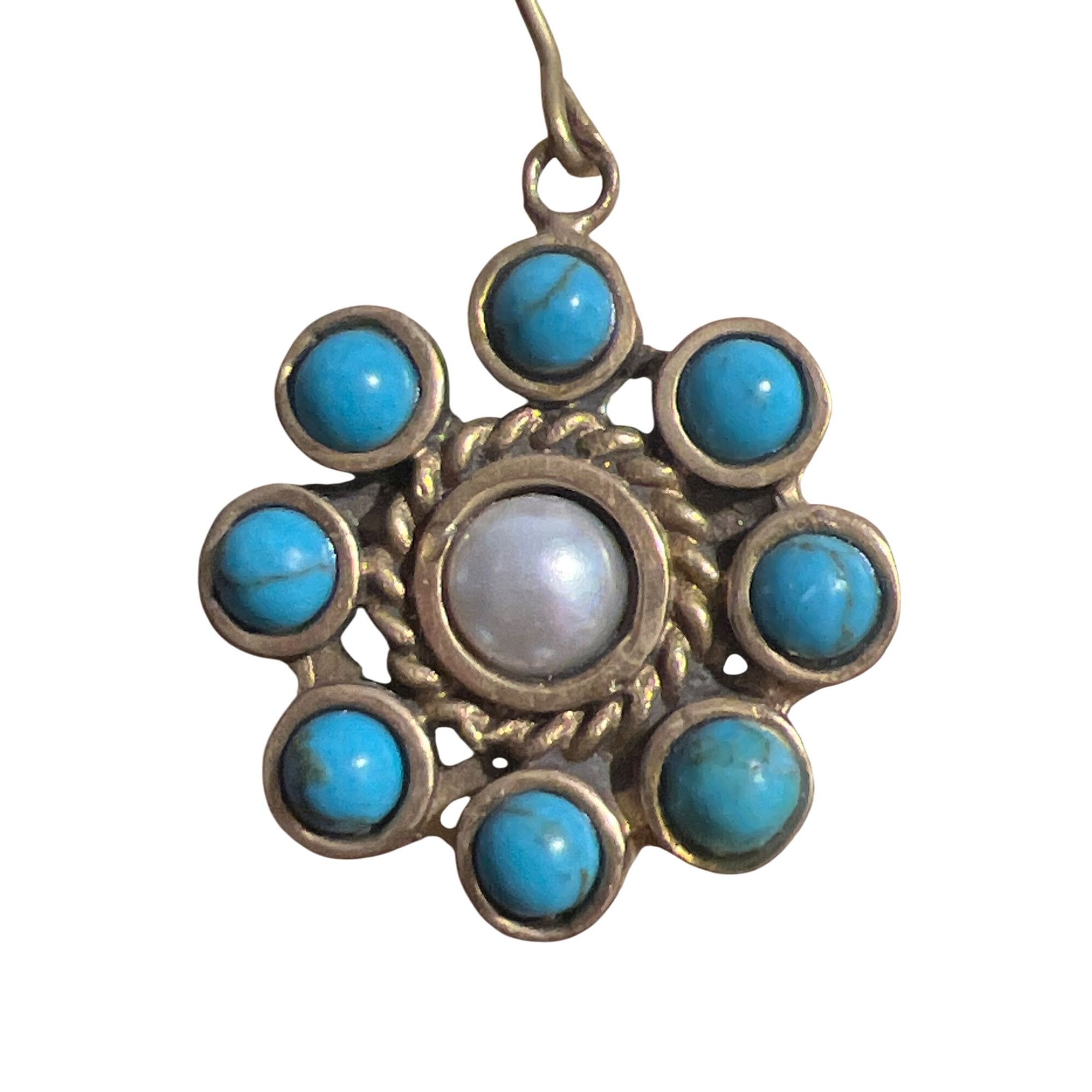 Other Vintage Gold Tone Drop Earrings Faux Turquoise Pearl Flower Size ONE SIZE - 2 Thumbnail
