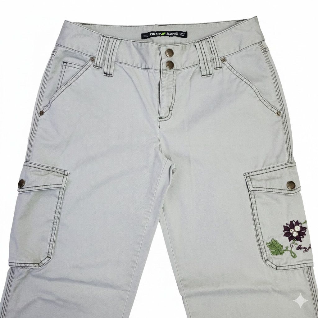 DKNY DKNY Size 8 Chino Cargo Pants Grey Cotton Embroidered Flower Size 30" / US 8 / IT 44 - 4 Thumbnail