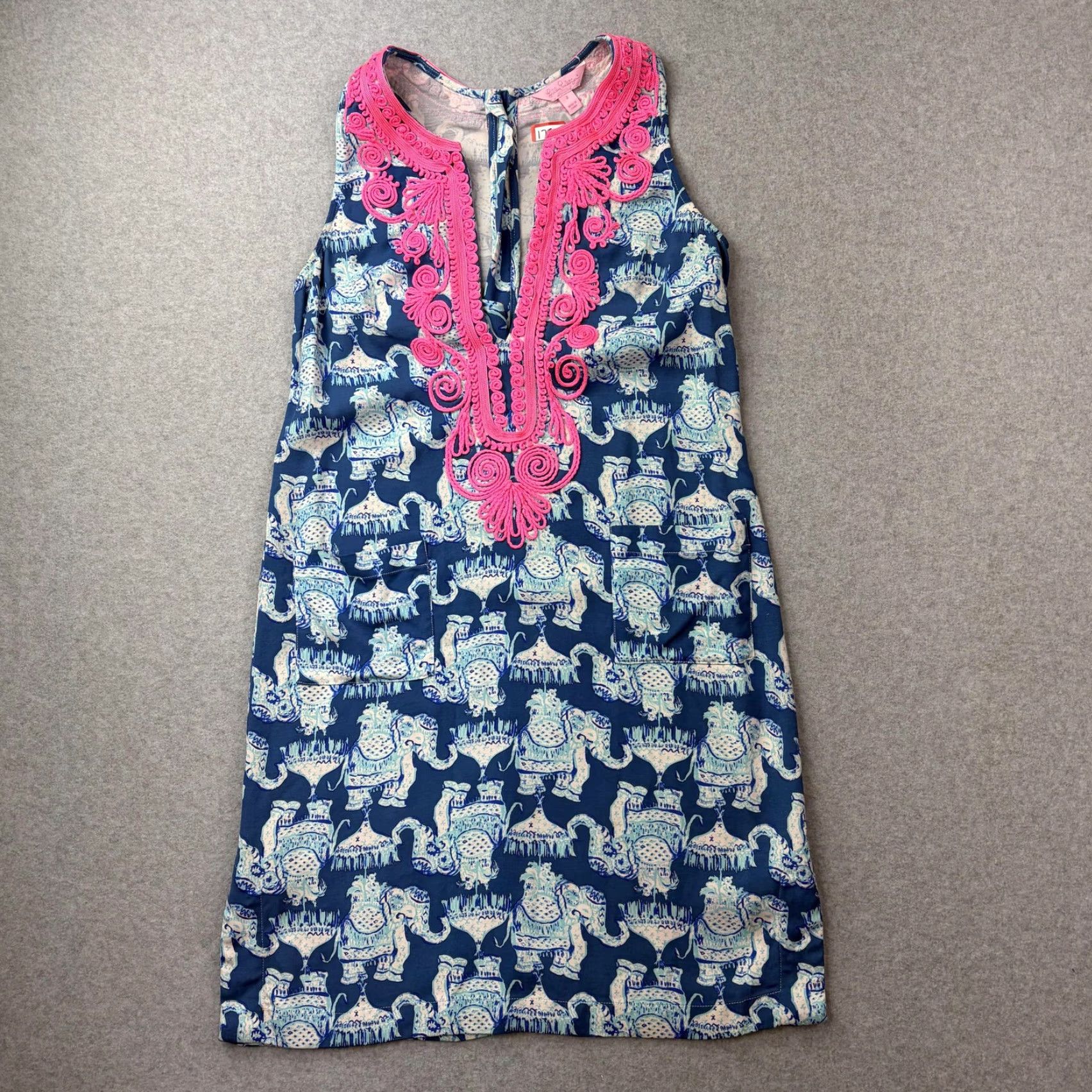 Lilly Pulitzer VINTAGE Lilly Pulitzer Dress Womens 2 Shift Sleeveless elephant Print Blue Pink Trim Natal Size XS / US 0-2 / IT 36-38 - 2 Thumbnail